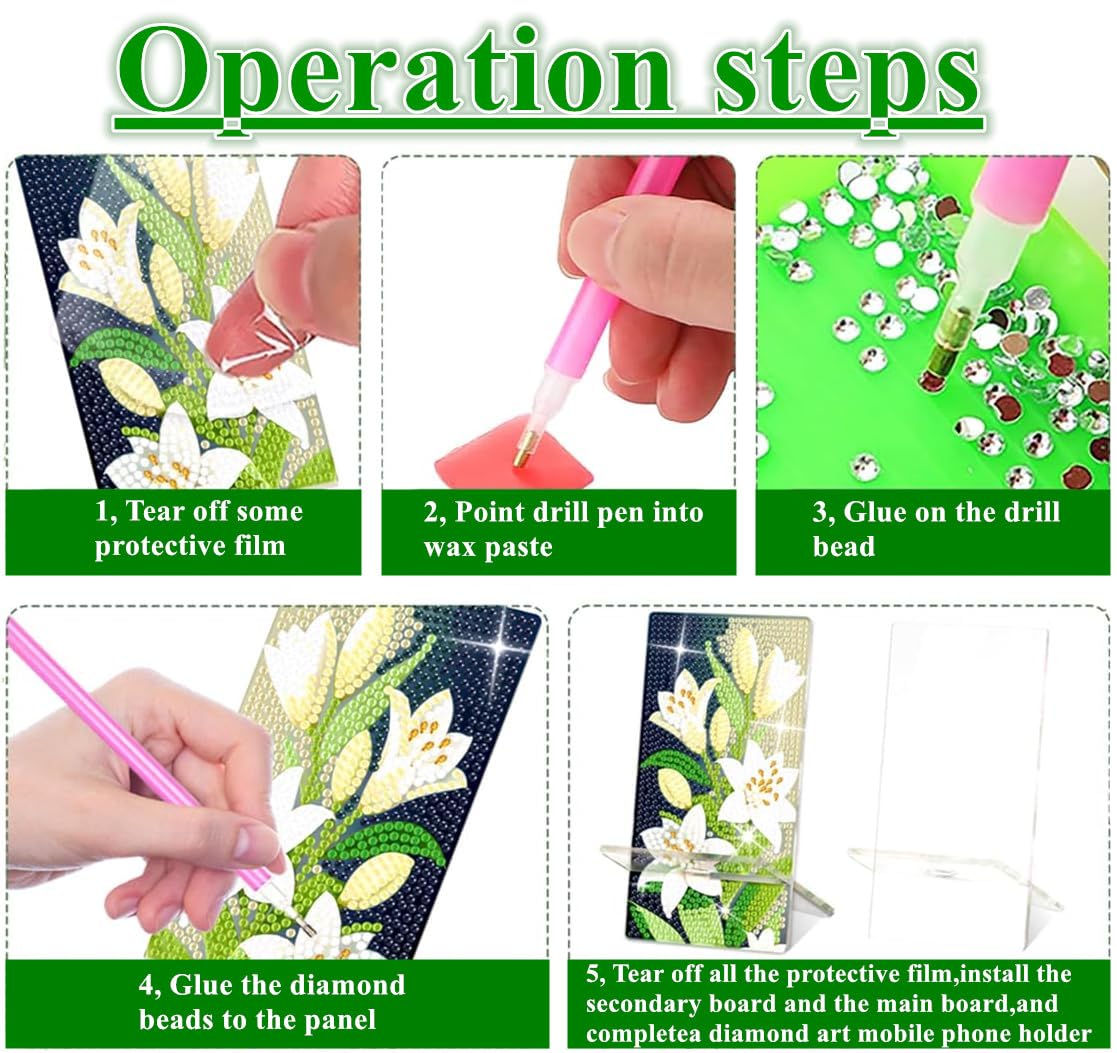 NUFTVI 2 Pack Diamond Painting Phone Holder Kits, 5D Full Crystal Diamond Art Phone Holder& Mirror Craft Kits Gift for Beginner/Adult (Lily and Peony) NUFTVI