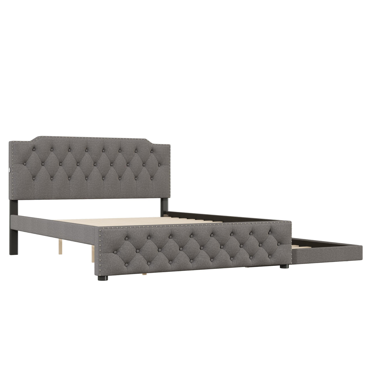 CITYLIGHT Queen Upholstered Platform Bed with Twin Size Trundle and USB Ports on Each Side, Queen Bed Frame with Trundle for Bedroom, Linen Fabric,No Box Spring Required,Grey CITYLIGHT