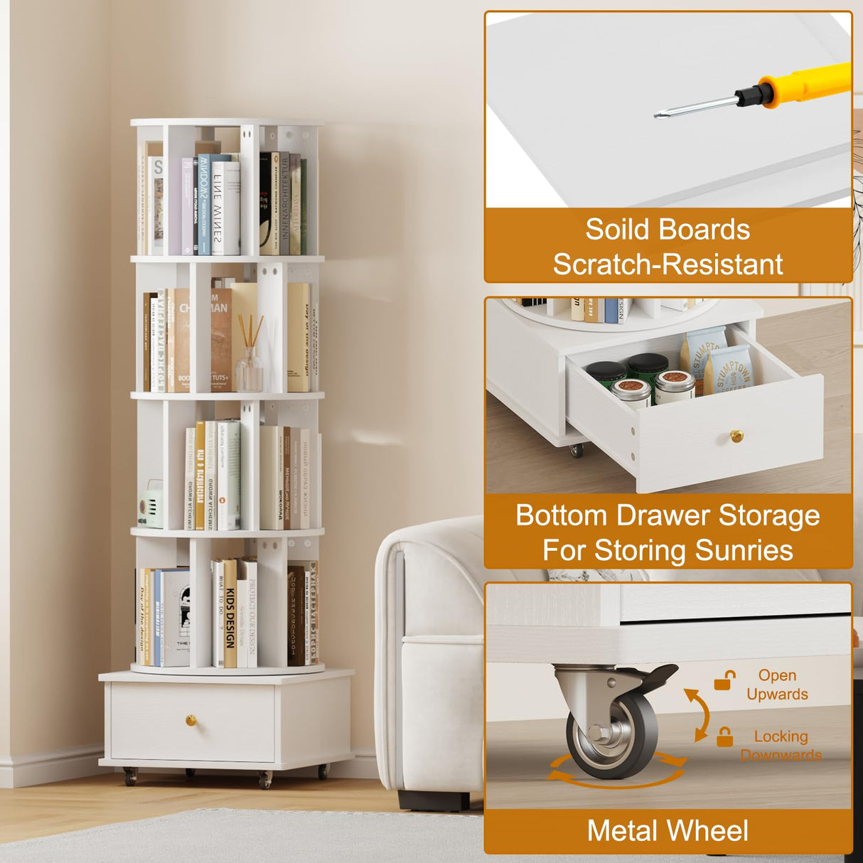LMSXG-MZ 360° Rotating Bookshelf with Metal Wheels & Drawers for Living Room, Bedroom, Space-Saving Bookcase Organizer & Large Capacity Display Rack (4-Tier) LMSXG-MZ