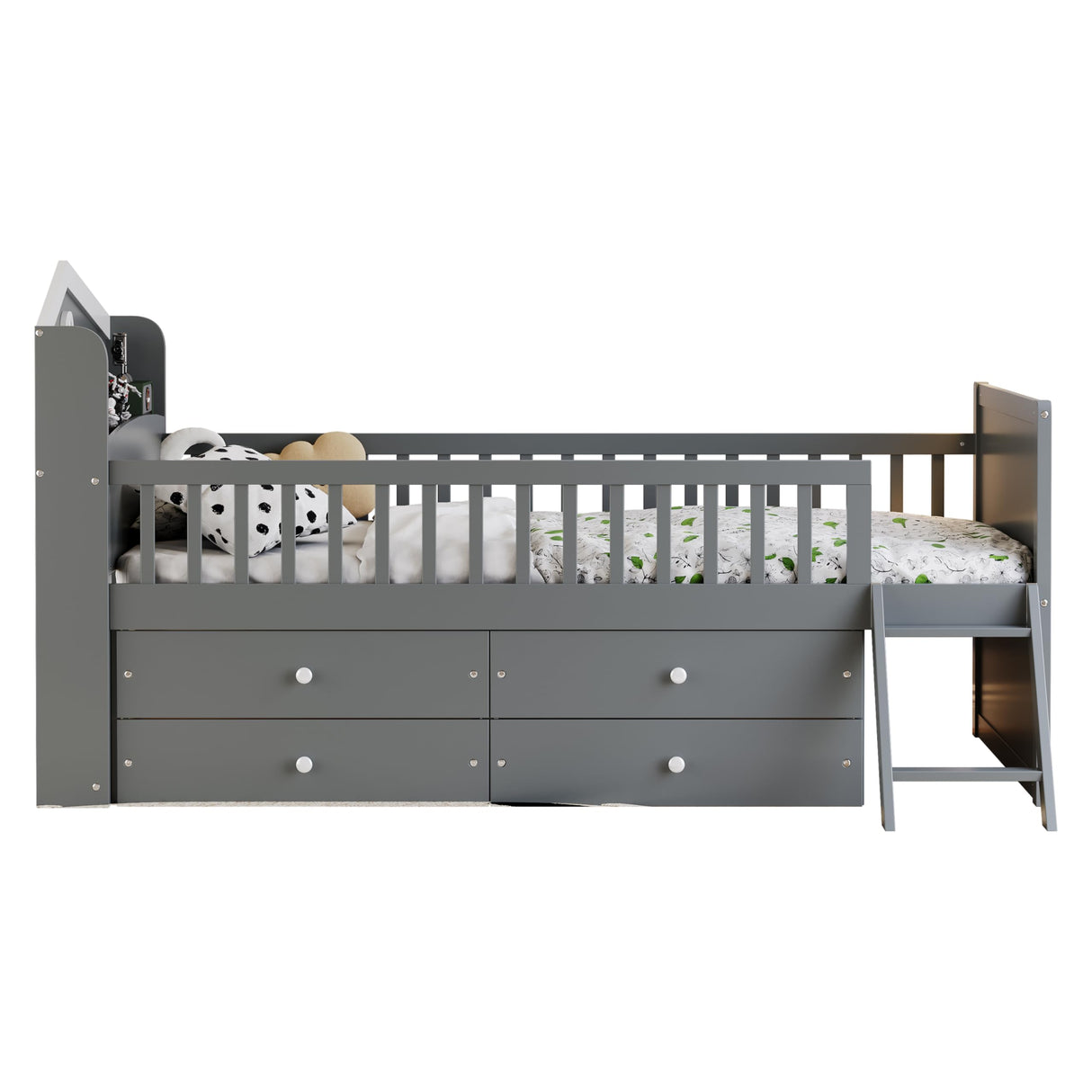 Merax Farmhouse Wood Captain Platform Bed with Storage Headboard, Twin House Bed Frame with 4 Drawers & Ladders/Space Saving/Wood Slat Support/Twin, Gray Merax