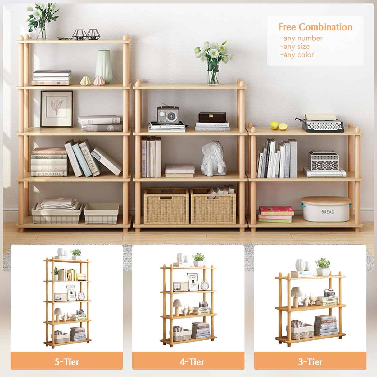 IOTXY 5-Tier Wooden Shelf Bookcase - Modern Open Bookshelf, Free Standing Storage Rack, Multifunctional Display Stand for Home and Office, Oak, Rectangle IOTXY