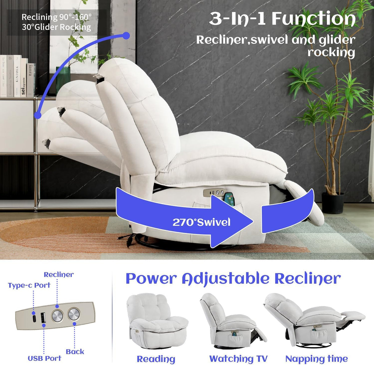 EDWELL Power Recliner Chair, Massage Rocker Recliner Chairs for Adults with Heated, Oversized Rocker Swivel Chairs for Living Room, Comfy Nursery Rocking Chairs with USB-C Ports and Side Pocket, White EDWELL