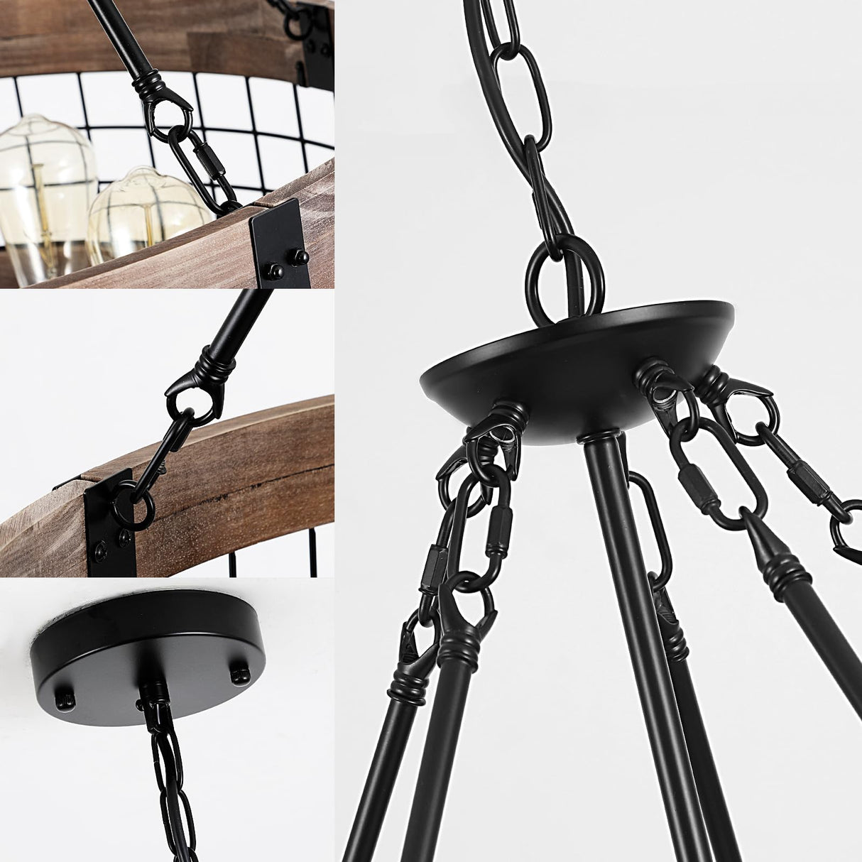 LamQee 5-Lights Rustic Farmhouse Chandeliers for Dining Room Over Table Wood and Metal Chandelier for Foyer Round Wooden Lights Fixture Large Drum Hanging Lighting Entryway Hallway Kitchen 18.9 Inch LamQee