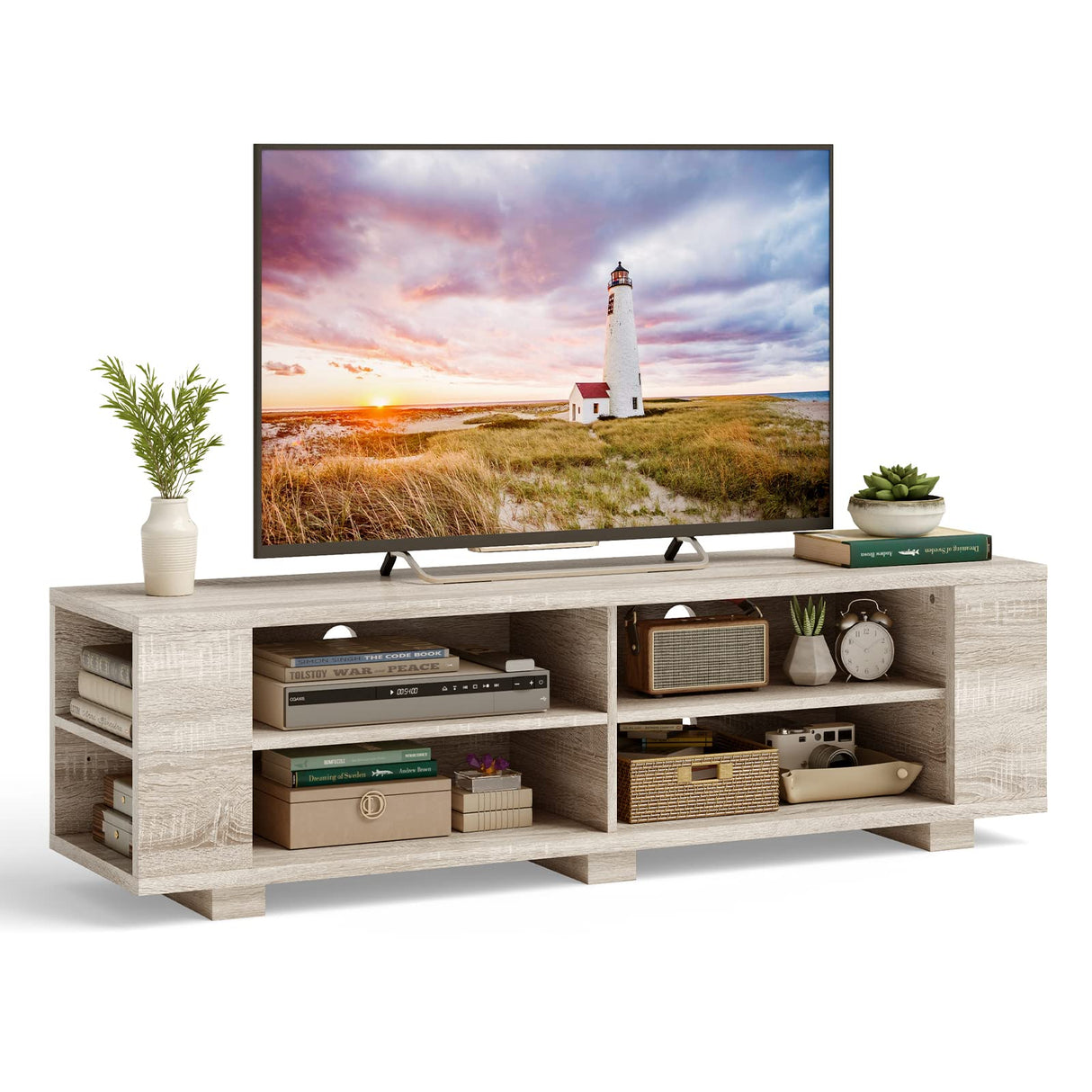 Tangkula Wooden TV Stand for TVs up to 65 Inch Flat Screen, Modern Entertainment Center with 8 Open Shelves, Farmhouse TV Storage Cabinet for Living Room Bedroom, TV Console Table (White Oak) Tangkula