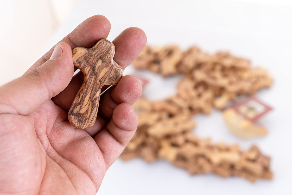 Zuluf 100 Small Olive Wood Comfort Crosses from Bethlehem Israel | Pocket Holding Crosses | Comes With 100 Holy Land Certificates 6cm / 2.5 Inch Each Cross - CRS301 Zuluf