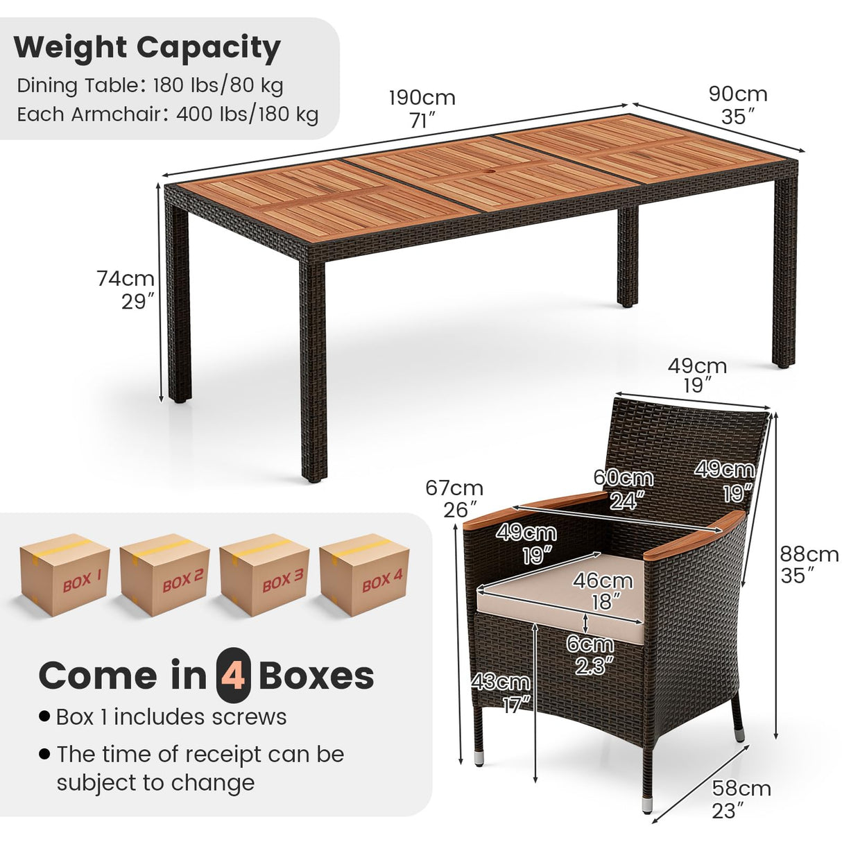 ORALNER 9 Pieces Outdoor Dining Set, Patio Wicker Dining Table and Chairs Set with Acacia Wood Table Top, Seat Cushions, Rattan Dining Table Set for 8, Garden Yard Poolside Deck (Brown) ORALNER