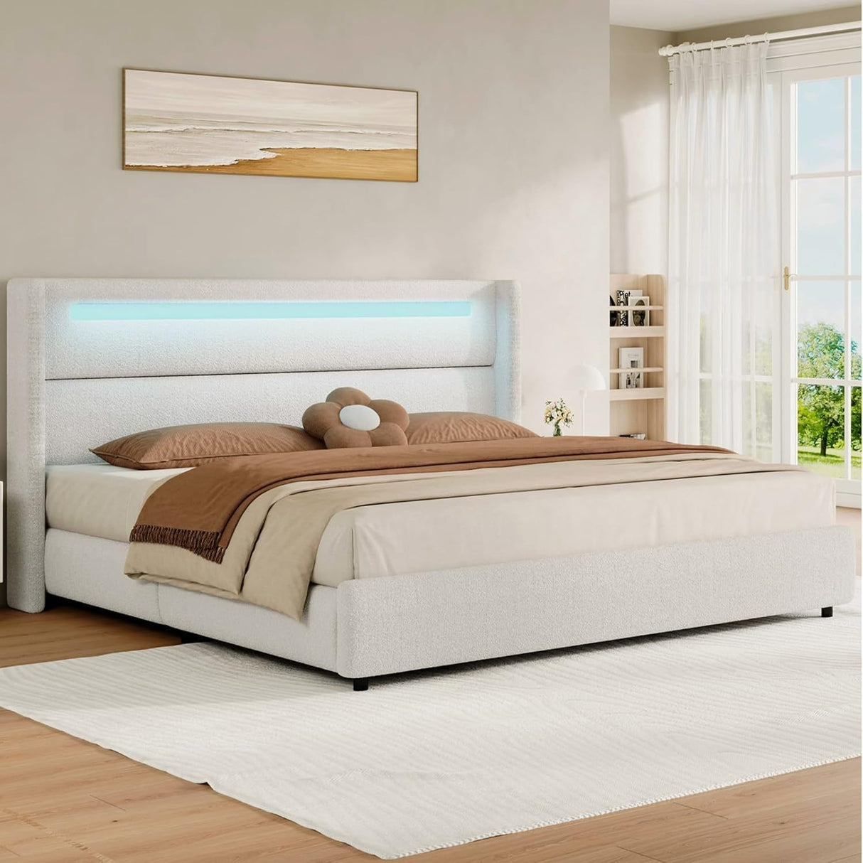 HOMBCK King Size Bed Frame with LED Lights and Headboard, Boucle Upholstered Platform Bed with Wingback Design, Modern Soft Bed Frame, No Box Spring Needed, Easy Assembly, Beige HOMBCK