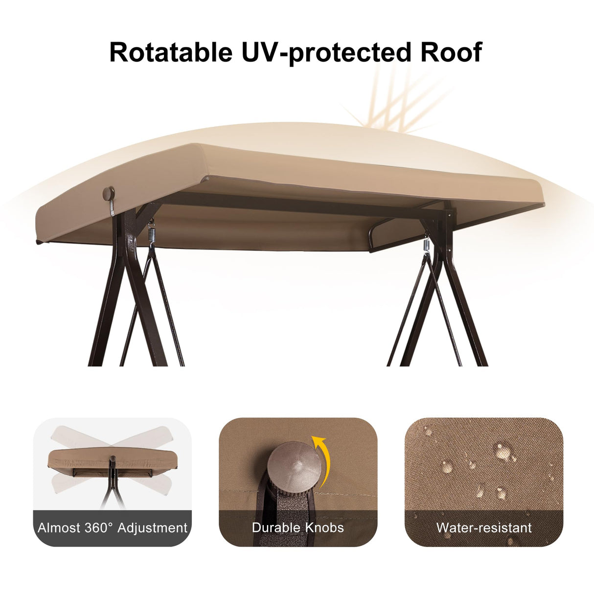 PURPLE LEAF Outdoor Patio Porch Swing Adjustable Backrest, 3-seat Swing Chair with Weather Resistant Steel Frame for Backyard Front Porch Lawn, Cushion and Pillows Included, Beige PURPLE LEAF