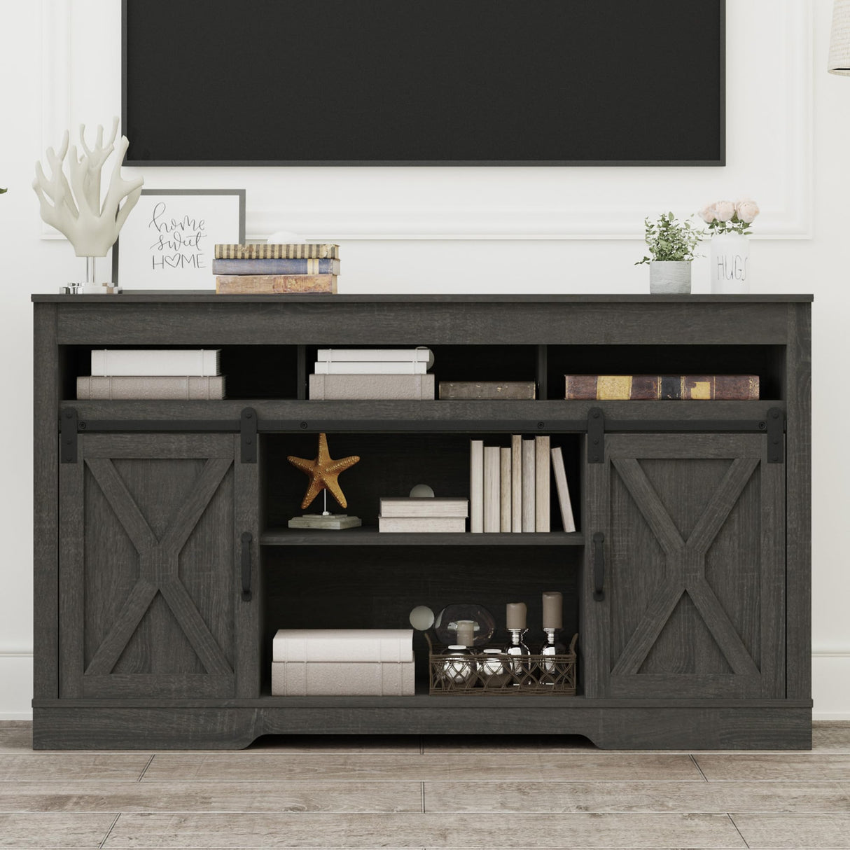 FansaFurn Farmhouse TV Stand for 65+ Inch TV, 34'' Tall Entertainment Center with Sliding Barn Doors, Rustic Wood Media Console Storage Cabinet Television Stand for Living Room, Bedroom (Dark Grey) FansaFurn