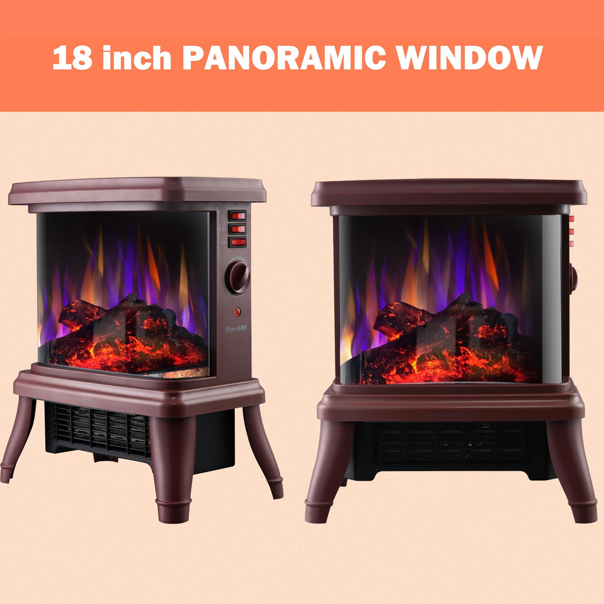 18“ Panoramic Window 1500W/1650W Electric Wood Stove Fireplace with Flame Effect, 4 in 1 Freestanding Indoor Space Heater. 3S of Rapid Heat. Fully Curved 3D Panoramic Flame Effect,Red Brown SheerAIRE