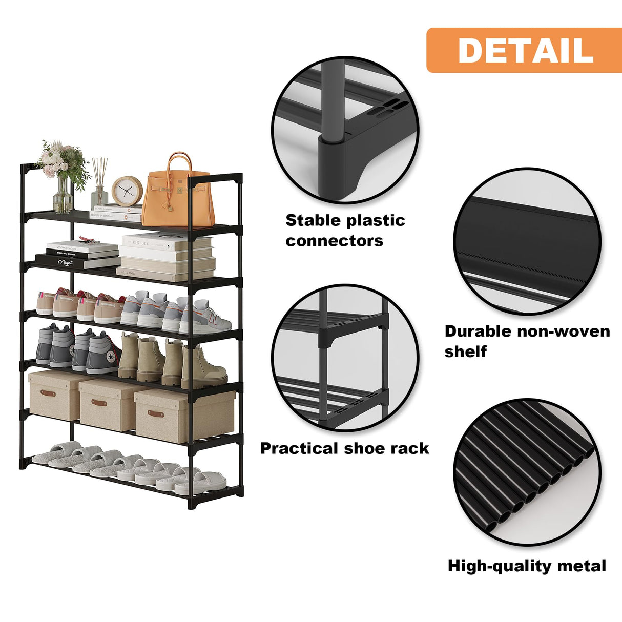 Calmootey 6-Tier Shoe Rack, Tall Large Capacity 30 Pairs Shoes Storage Organizer, Stackable Wide Shoe Shelf for Entryway, Hallway, Black Calmootey