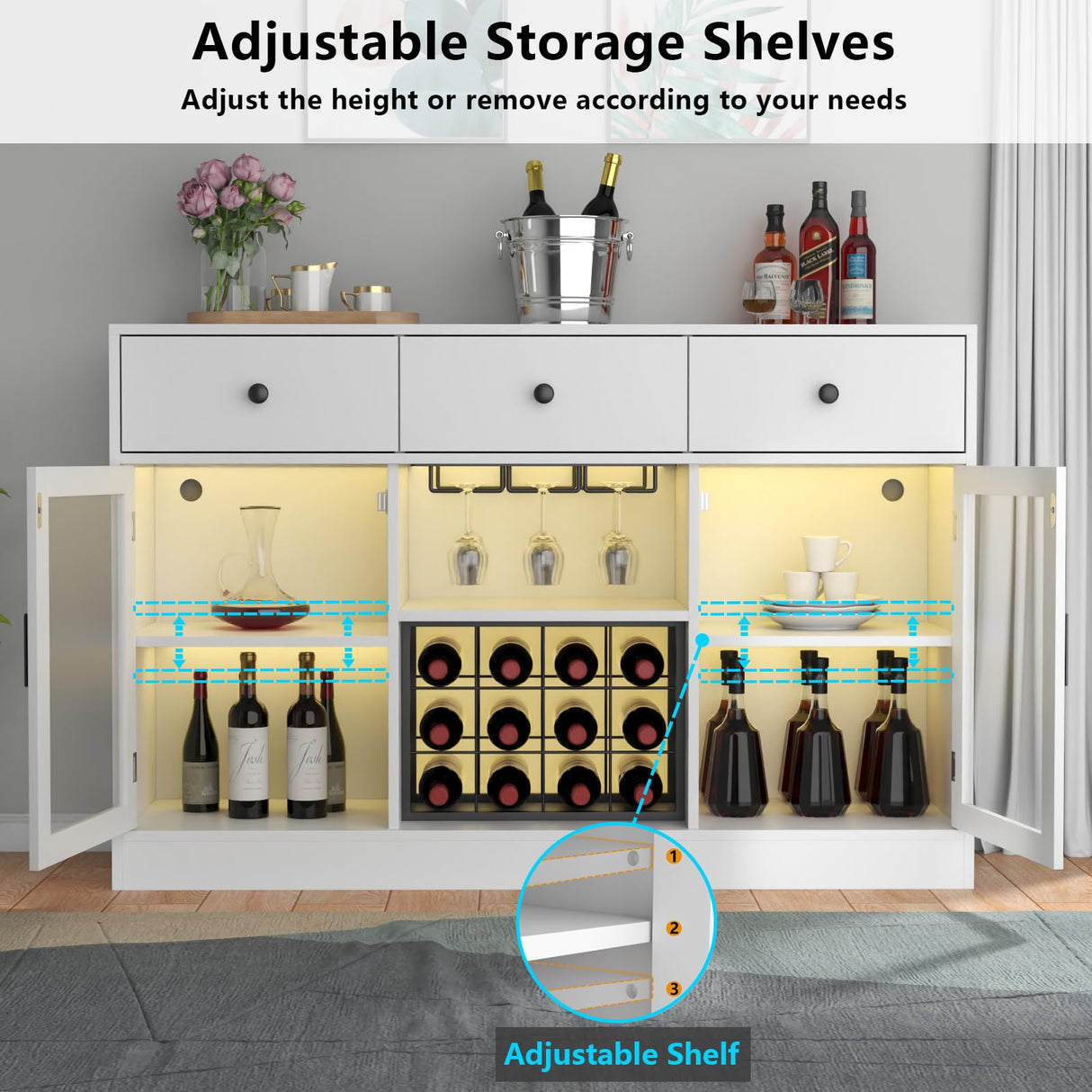 Auromie Wine Bar Cabinet with LED Light, Home Coffee Cabinet with Wine and Glass Rack, Kitchen Buffet Sideboard with Storage Drawers & Adjustable Shelves, Modern Liquor Cabinet with Glass Door (White) Auromie