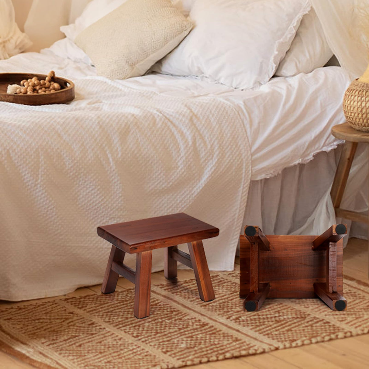 Covzoe Wooden Step Stool, Solid Wood Milking Stool with Non-Slip Mat, Portable Sturdy Bedside Stool for High Beds, One Step Stool Shoe Changing Stools for Bathroom Living Room Kitchen Covzoe