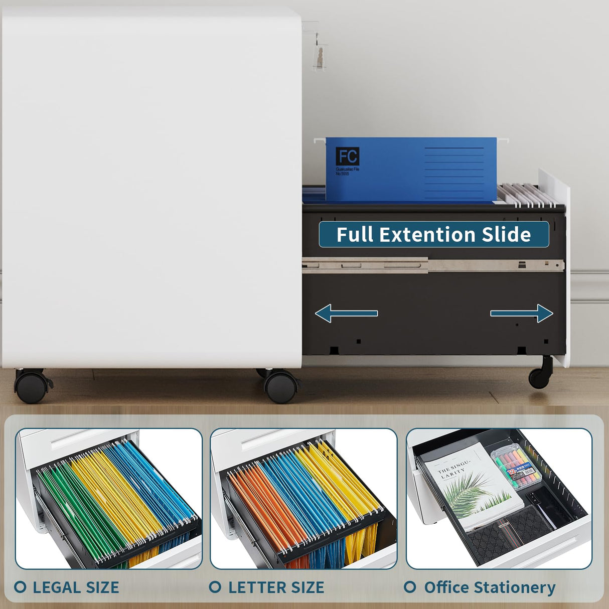 MIIIKO Mobile Filing Cabinet 3 Drawer, White Small File Cabinet with Lock Under Desk, Filing Cabinet for Home Office with Wheels, A4/Letter/Legal Hanging File Folders MIIIKO