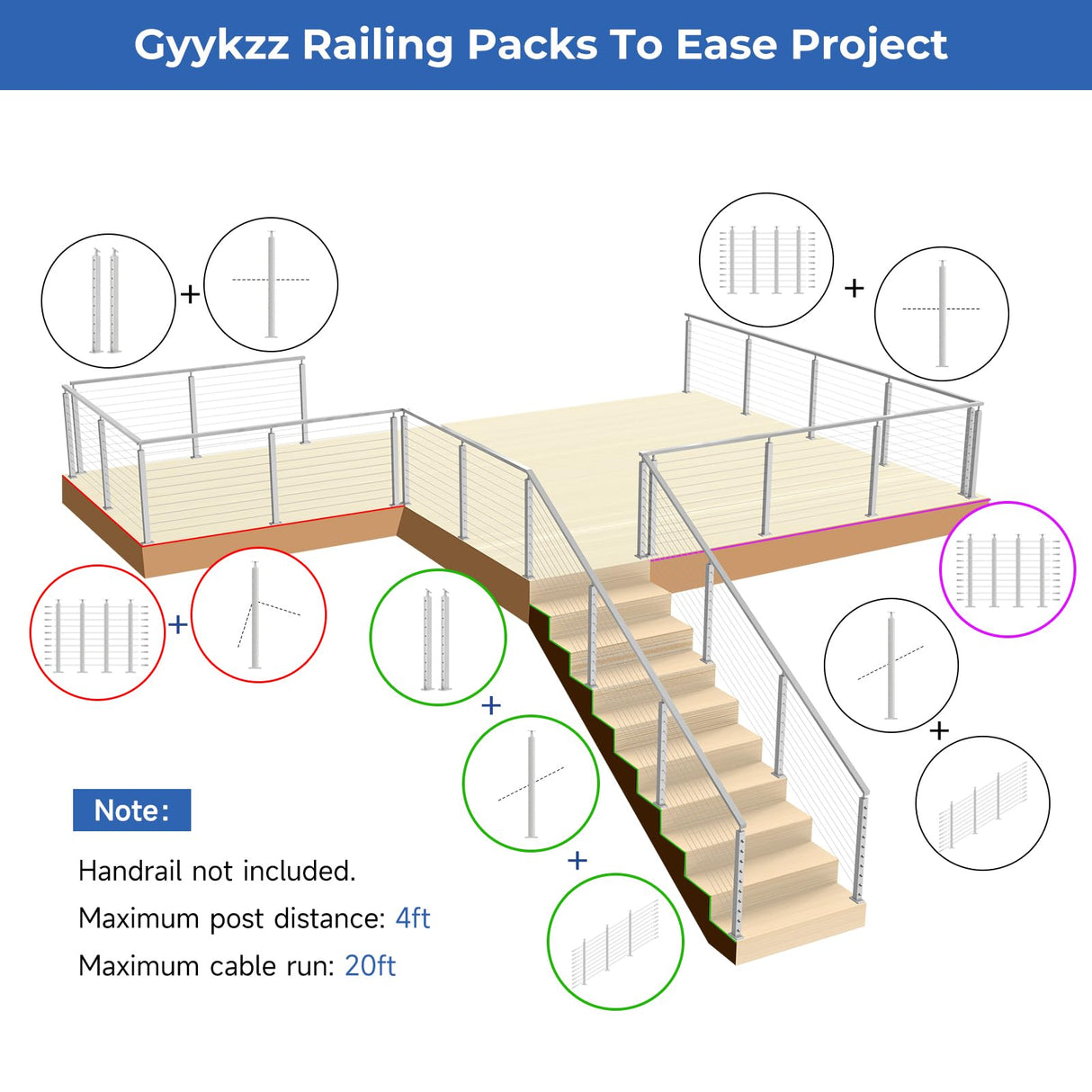 Gyykzz One-Stop Cable Railing Post Kits, 4Pack Brushed Finish Level Drilled Line Post 36", Adjustable Top Cable Railing System Including 4 Railing Posts, 160ft Cable, 10 Set Terminal, 80 Cable Sleeves Gyykzz