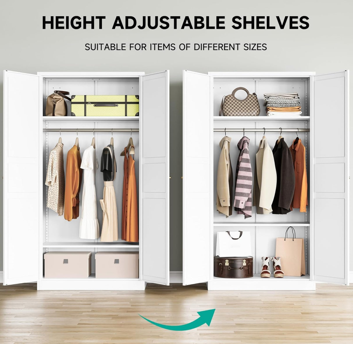 Metal Wardrobe Cabinet with Hanging Rod,White Armoire Wardrobe Closet,Metal Clothing Storage Cabinet with Adjustable Shelves and Doors,72" Wardrobe Storage Cabinet for Home,Living/Laundry Room SISESOL