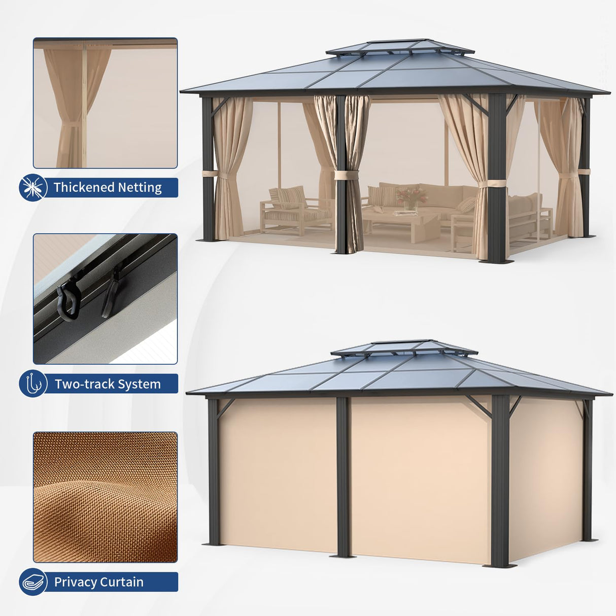 Jolydale 12FTx20FT Hardtop Gazebo, Outdoor Polycarbonate Double Top Canopy, Aluminum Frame Permanent Pavilion with Netting and Curtains, Sunshade for Patio, Garden, Lawns Jolydale