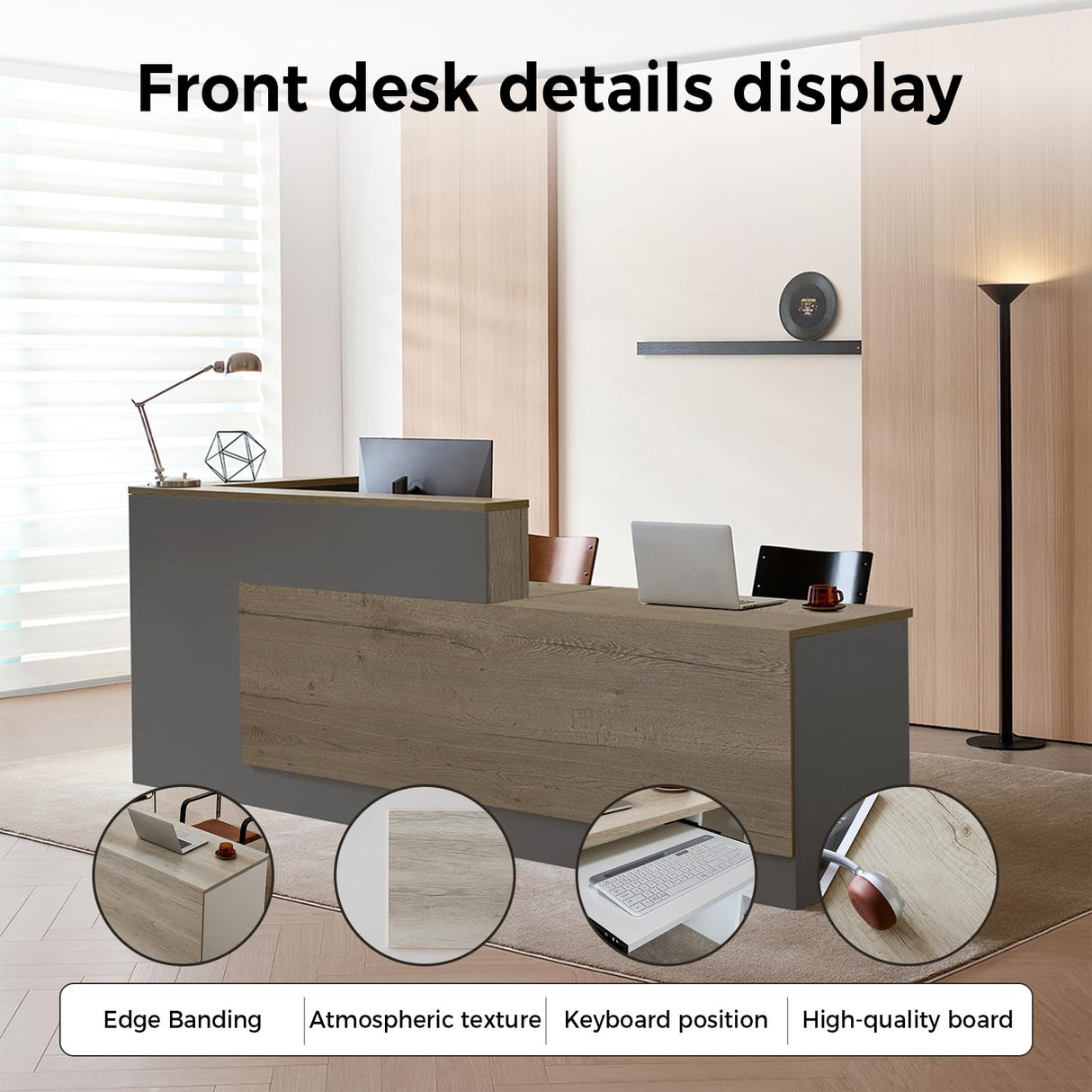 Huariifowm Modern L Shape Reception Desk with Counter,Stylish Front Desk Reception Counter with Drawers, Open Shelves, and Keyboard Tray (Tobacco Wood+Iron Gray/Right, 79" L*24" W*41" H) Huariifowm