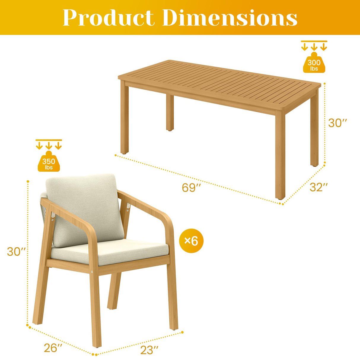 7-Piece Outdoor Dining Set for 6 with 23" Extra Wide Chair and Cushion,Patio Table and Chairs Set with All Acacia Wood Frame, All-Weather PE Rattan Outdoor Patio Furniture Set for Lawn Garden, Beige FansaFurn