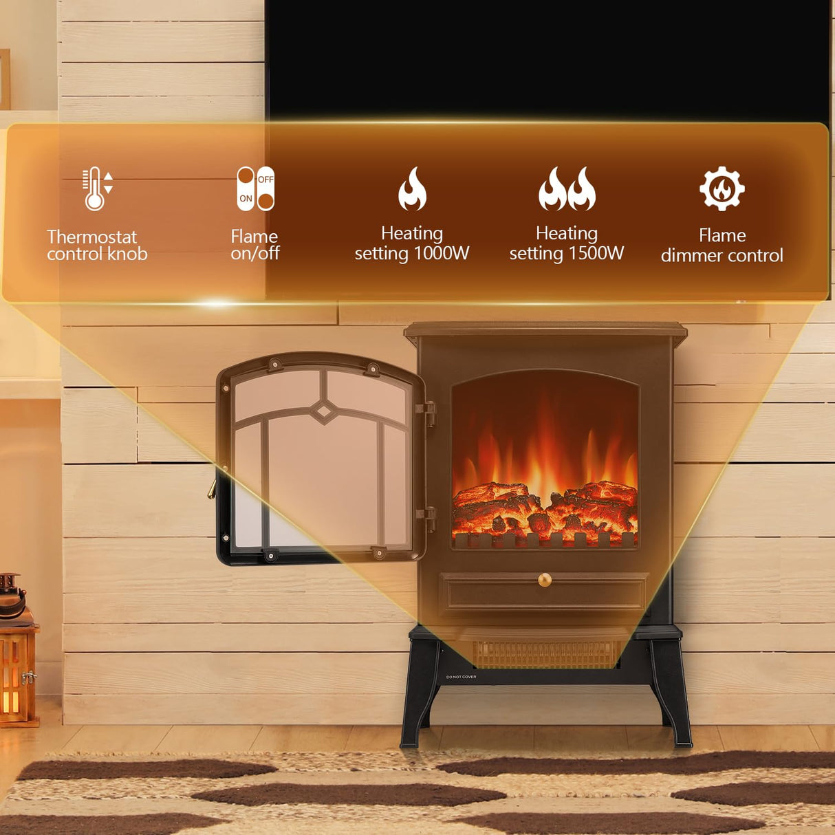 R.W.FLAME Electric Fireplace Stove Heater with Thermostat Control, 15" Cathedral Stylish Small Fireplace Heater, 3D Realistic Flame Effects, Adjustable Heating Mode, Overheating Safe Design R.W.FLAME