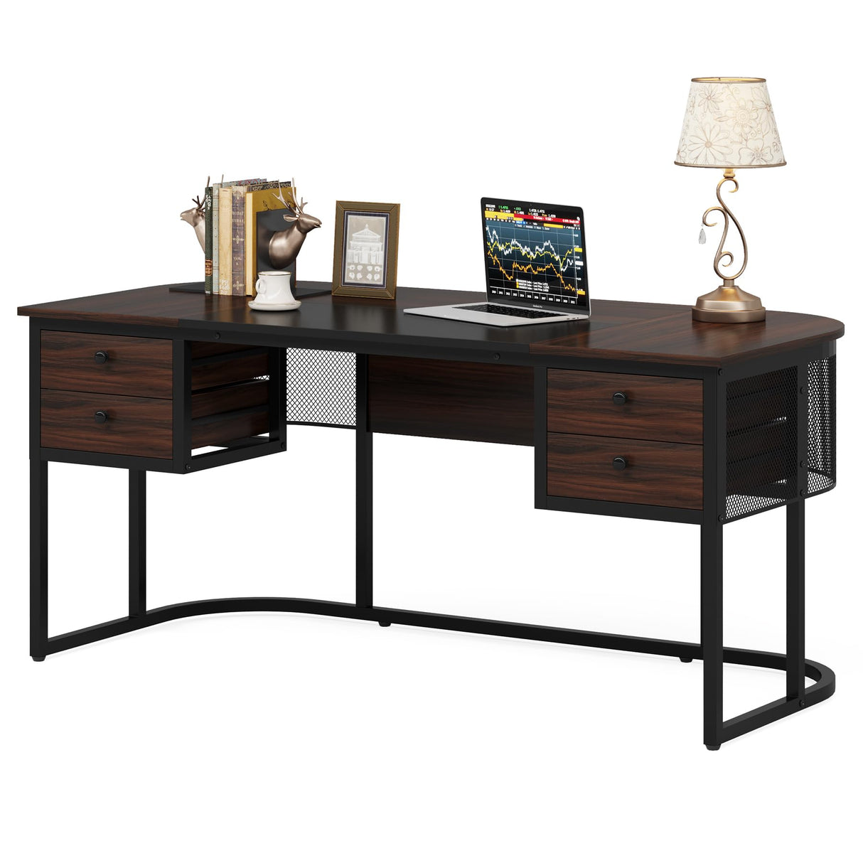 Tribesigns 63-Inch Executive Desk with 4 Drawers, Large Office Desk Computer Desk, Business Furniture Desk Workstation for Home Office, Dark Walnut Tribesigns
