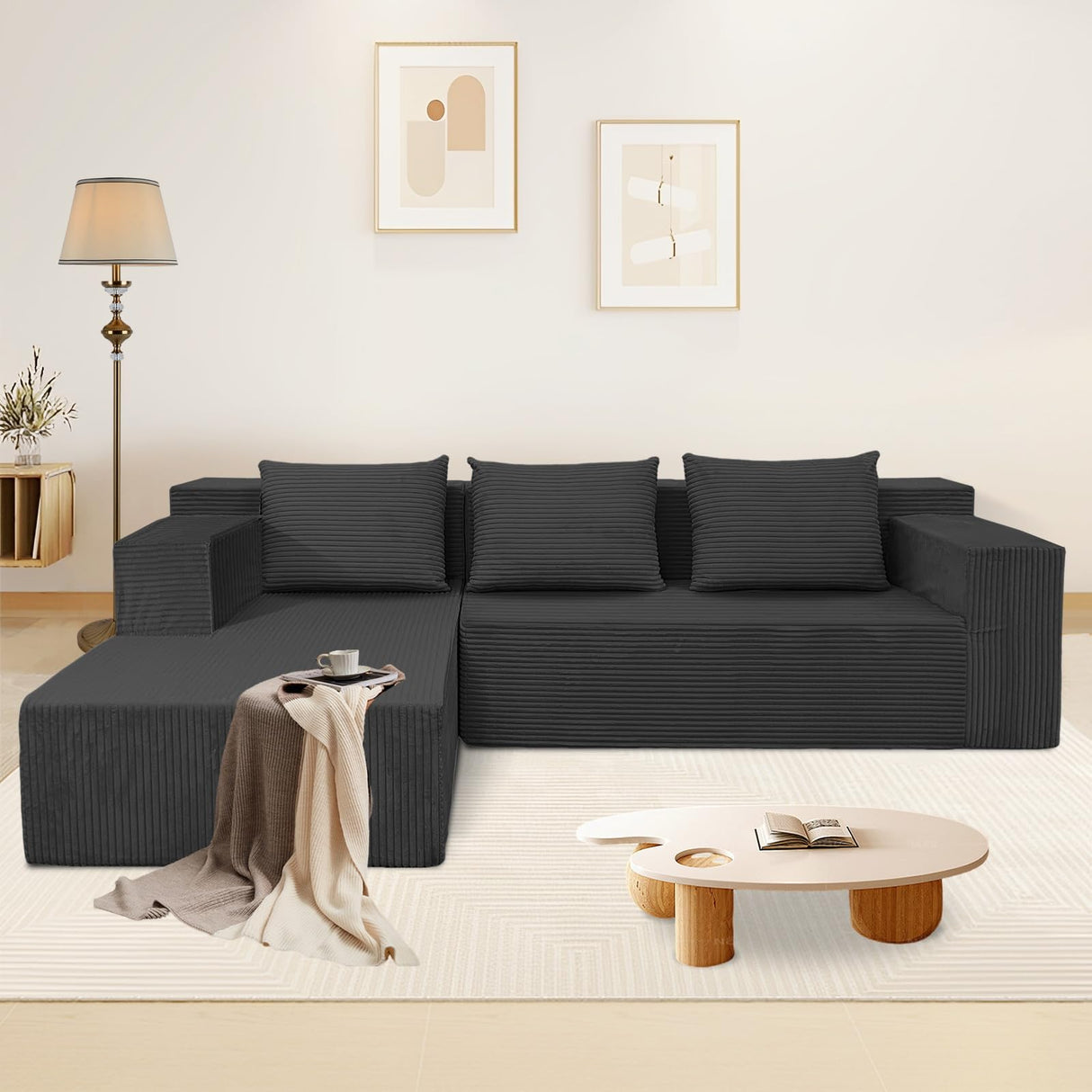 ANONER 103" Modular Sectional Sofa, L-Shaped Cloud Couch with Chaise, Corner Sofa with Deep Seat, Modern Minimalist Boneless Couch, Sectional Couches for Living Room, Apartment (Dark Grey) ANONER