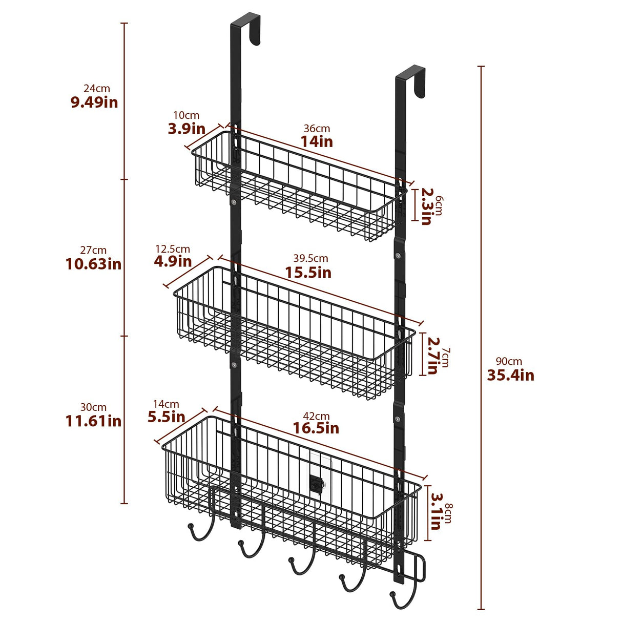 YBING Over The Door Organizer with Hooks 3 Tier Back Towel Hanger Baskets Metal Behind Hanging Storage Shelf Pantry Racks for Bedroom Bathroom Black, R01-R984 YBING