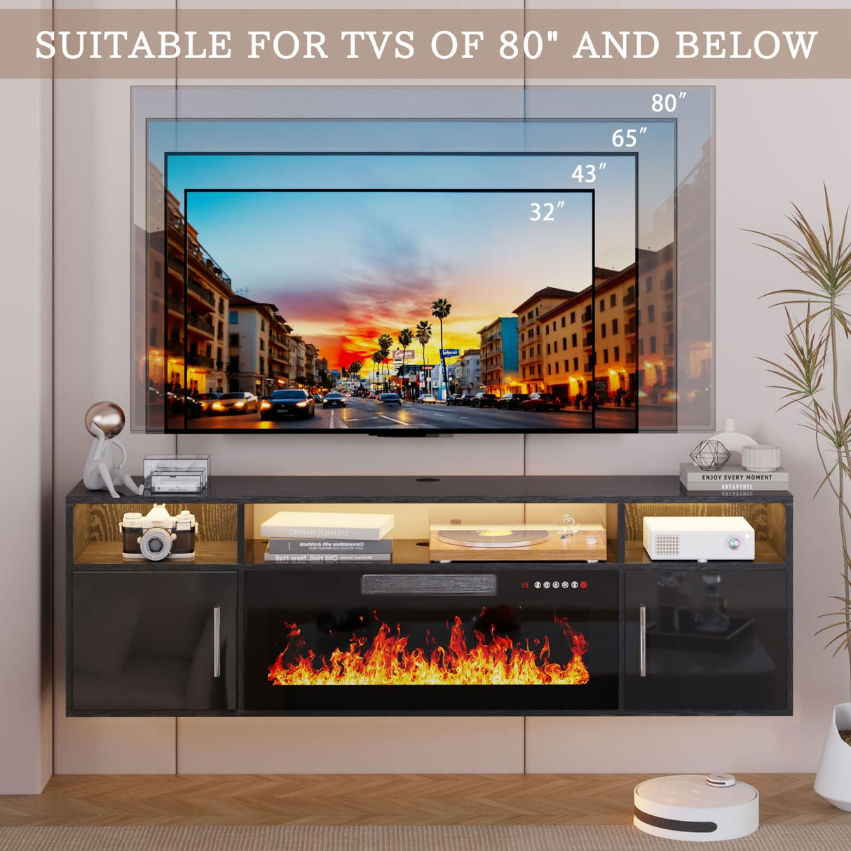 PRETZI Floating Fireplace TV Stand, 70" Wall Mounted Entertainment Center with 36" Fireplace for TVs Up to 80", LED Modern Wood TV Console with High Gloss Cabinet for Living Room (Black) PRETZI