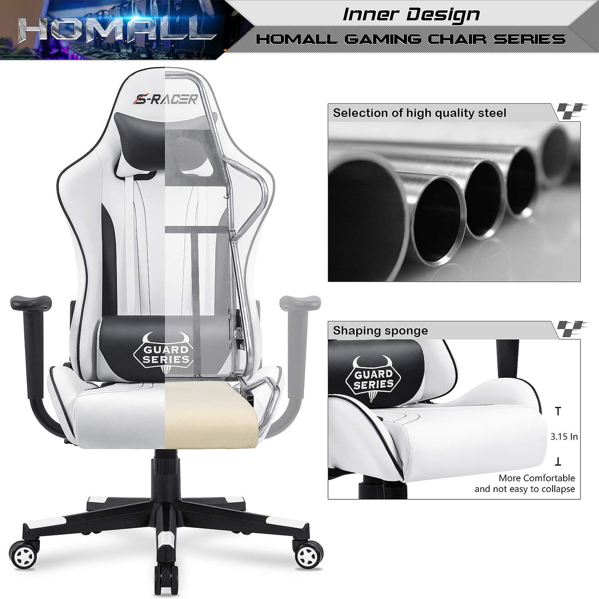 Homall Gaming Chair, Video Game Chair with Footrest and Lumbar Support, Ergonomic Computer Chair Height Adjustable with Swivel Seat and Headrest (Pale White) Homall