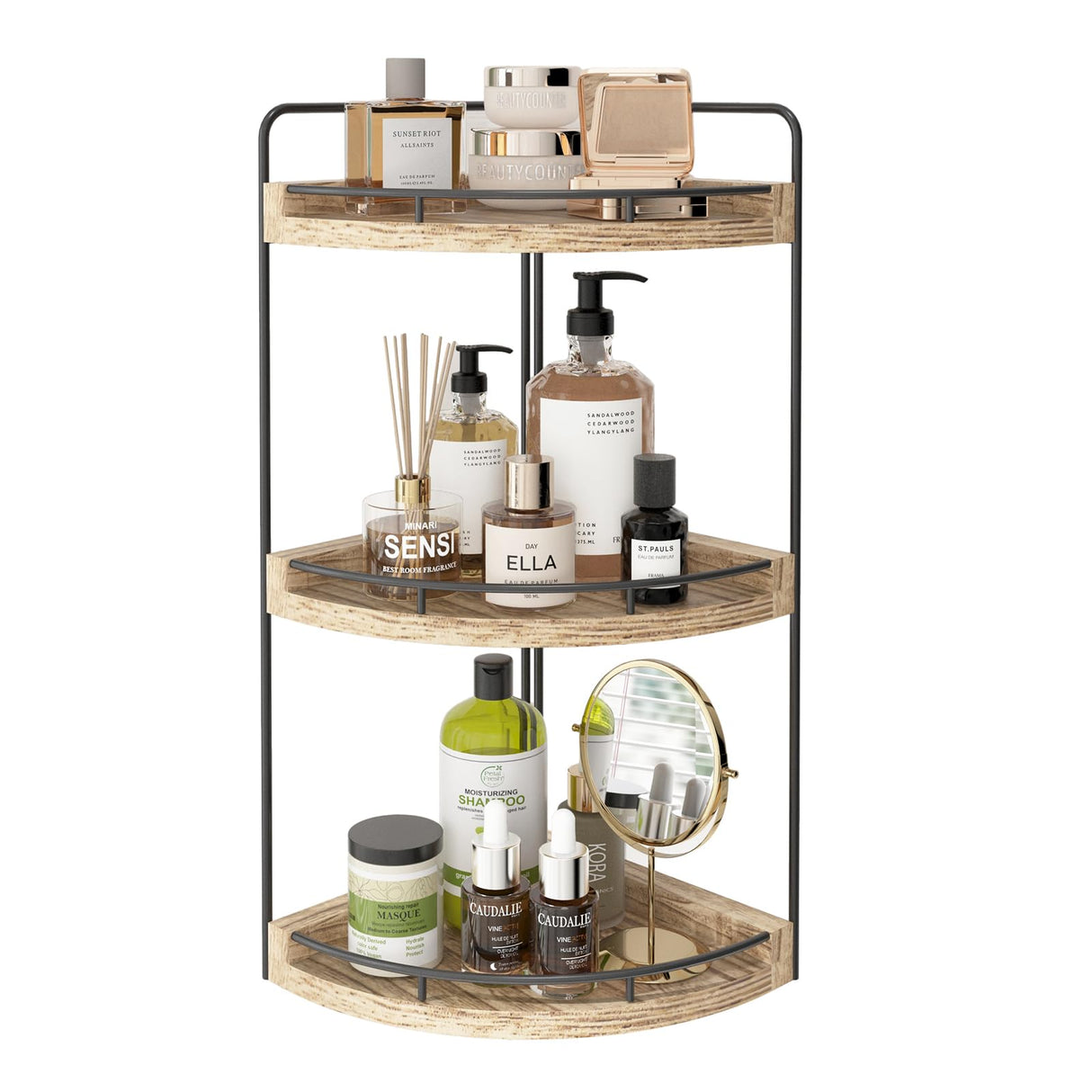 Fixwal Corner Bathroom Counter Organizer, 3 Tier Rustic Bathroom Organizer, Wood Countertop Storage Tray for Vanity, Kitchen, Bedroom (Light Brown) Fixwal