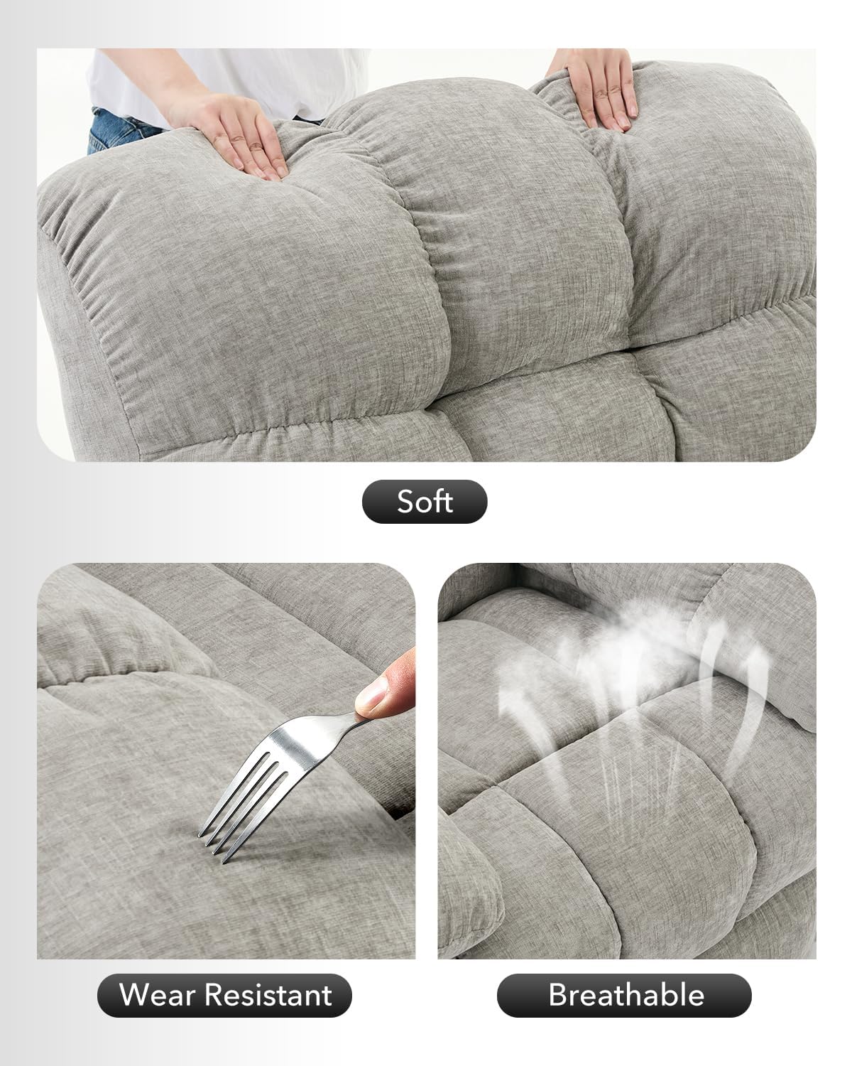 Tioutbot Rocking Recliner Chair with 360° Swivel, Upholstered Fabric Glider Recliner with Side Pockets, Q235 Steel Frame Single Sofa for Living Room, Nursery & Small Spaces – Gray Tioutbot