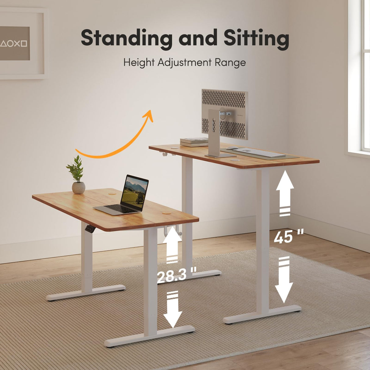 FAMISKY Height Adjustable Standing Desk, 48x 24 Inch Electric Stand up Home Office Table, Sit Stand Desk Computer Workstation with Splice Board, White Frame & Light Rustic Brown Desktop FAMISKY