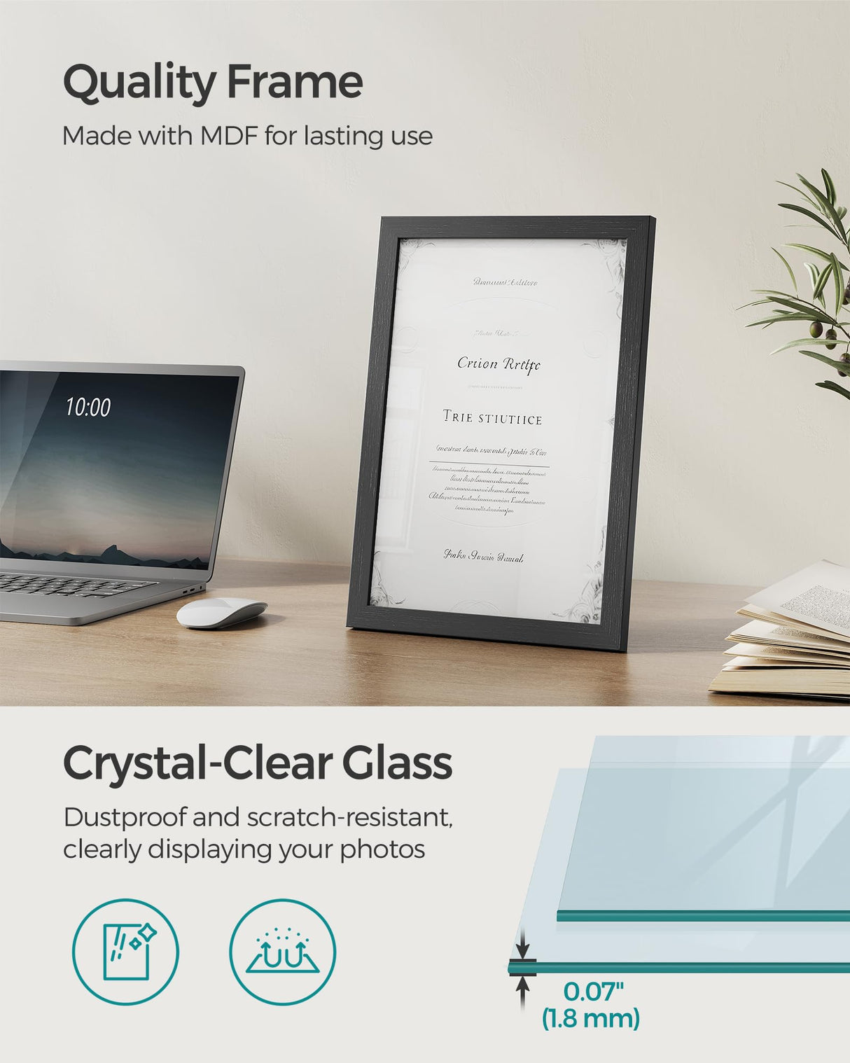 SONGMICS A4 Picture Frame Collage for Wall Decor, Set of 2, 4x6 Multi Photo Frame for Desk, 8x10, 8x12 or 4x4 Photos with 6 Mats, 9x12 Without Mat, Glass Front, 3 Non-Trace Nails, Ash Black SONGMICS