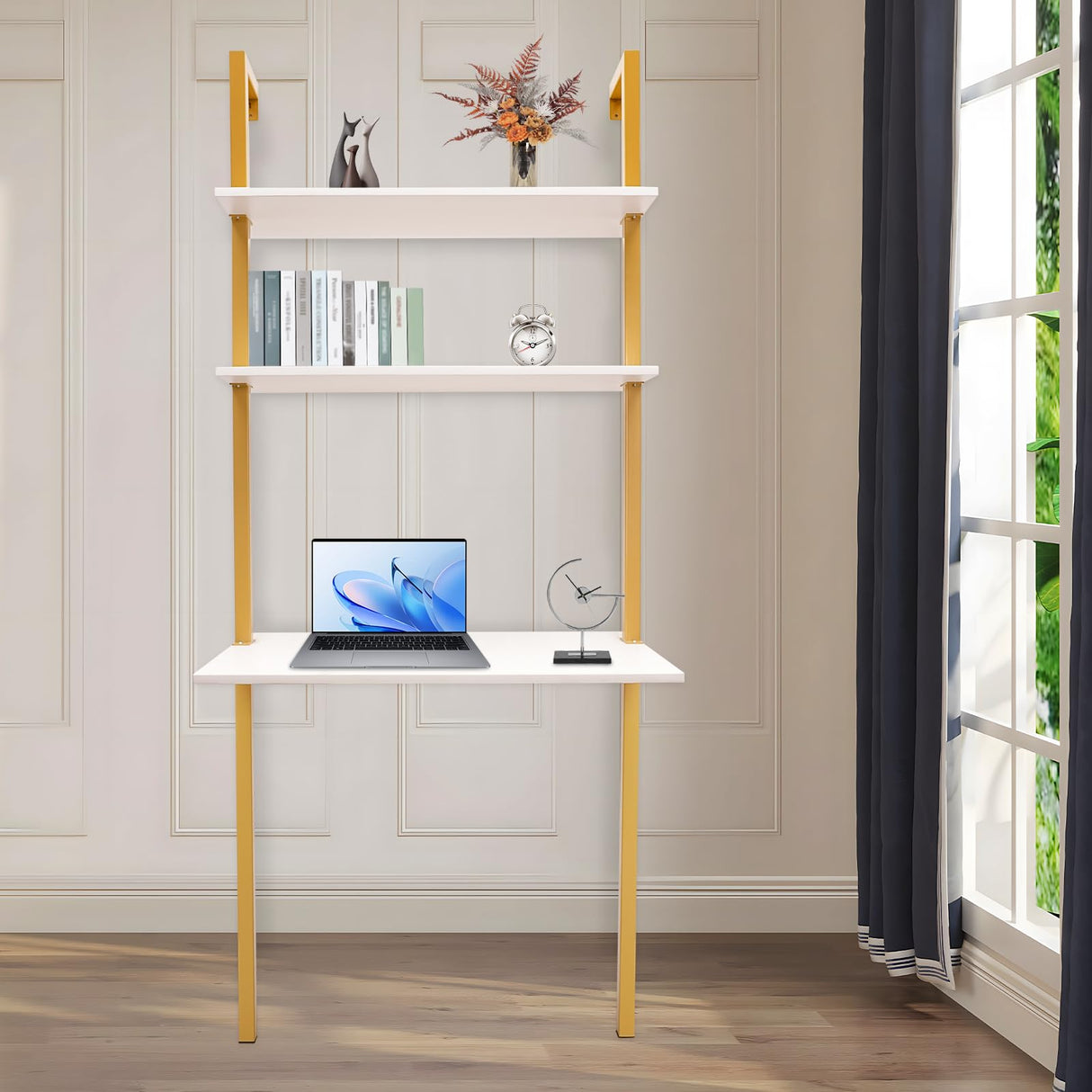 QIUTMER Wall Mount Desk 3 Tiers Wall Table Wall Mount Computer Writing Table Industrial Bookcase Desk Gold and White for Homes Office School QIUTMER