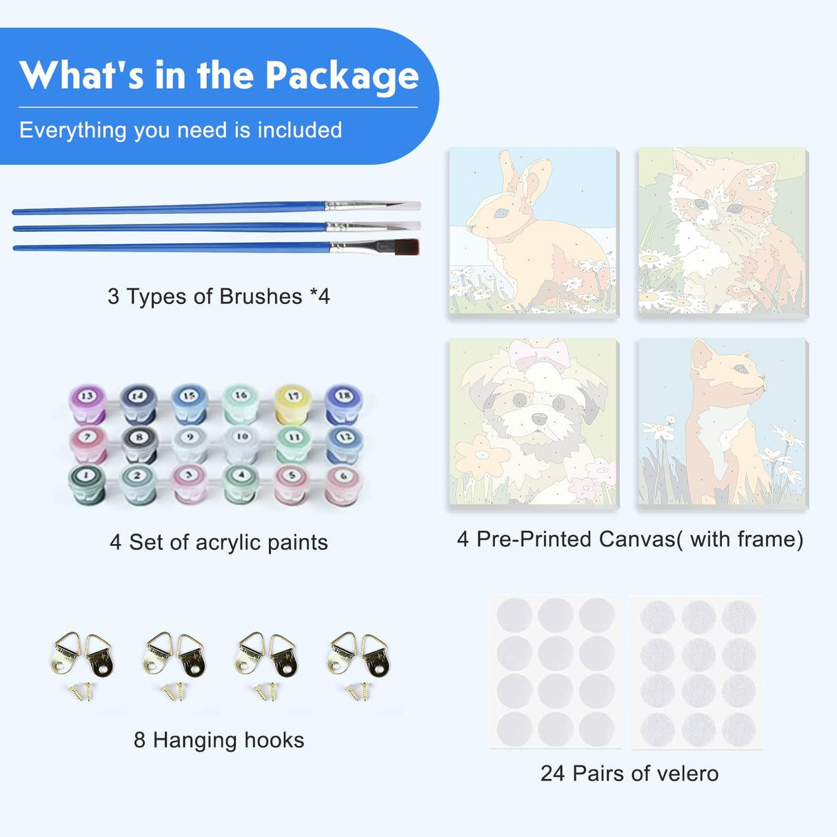 NEWENMO 4 Pack Paint by Number for Kids with Wooden Frame, Cute Rabbit, Cat, Dog Paint by Numbers for Kids Ages 8-12, Animal, DIY Acrylic Oil Painting for Beginners for Home Wall Decor 8X8 inch NEWENMO