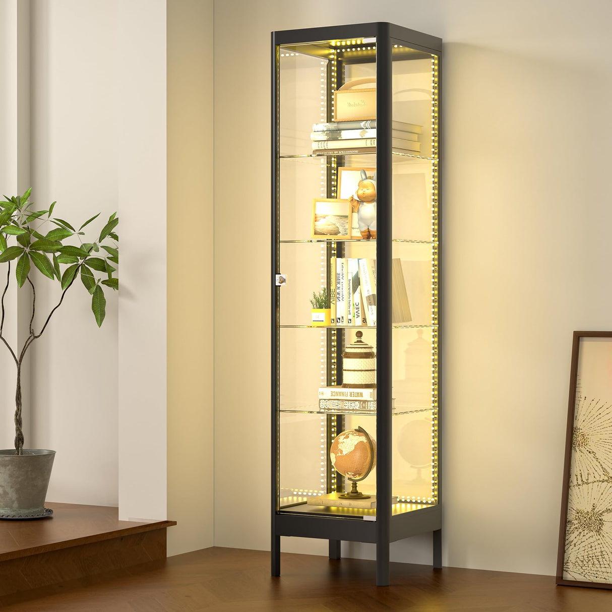 Desirable Life 5-Tier Glass Display Cabinet with 13 Color LED Lights & Lock, 63" Curio Cabinet with Glass Doors & Adjustable Shelves, Lighted Display Case for Collectibles Figures Trophy - Black Desirable Life