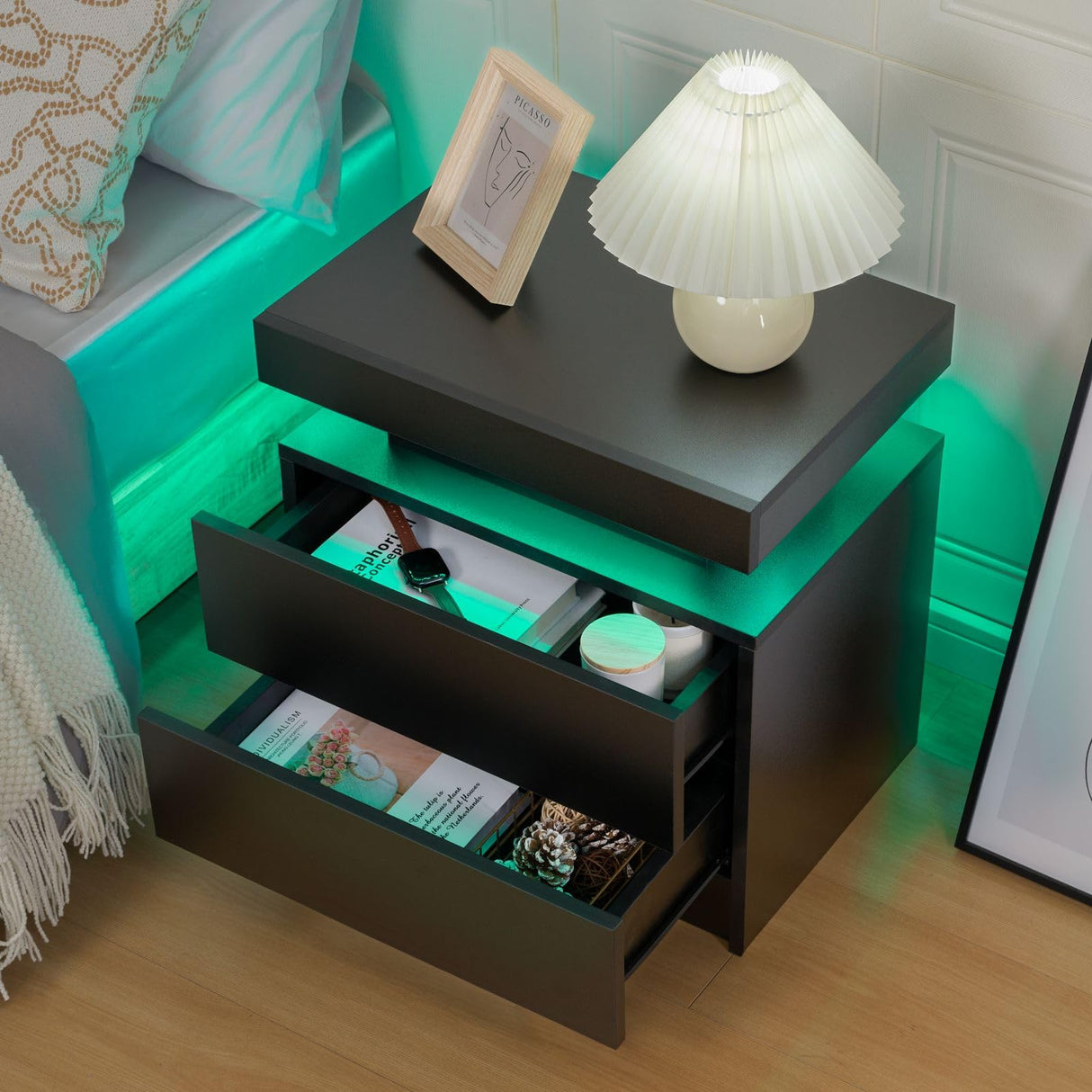 Bingoday Black Nightstand Set of 2 Black Bedside Tables Set of 2 LED Night Stand Set 2 Wood Nightstand Set of 2 with 2 Drawers for Bedroom Living Room Bingoday