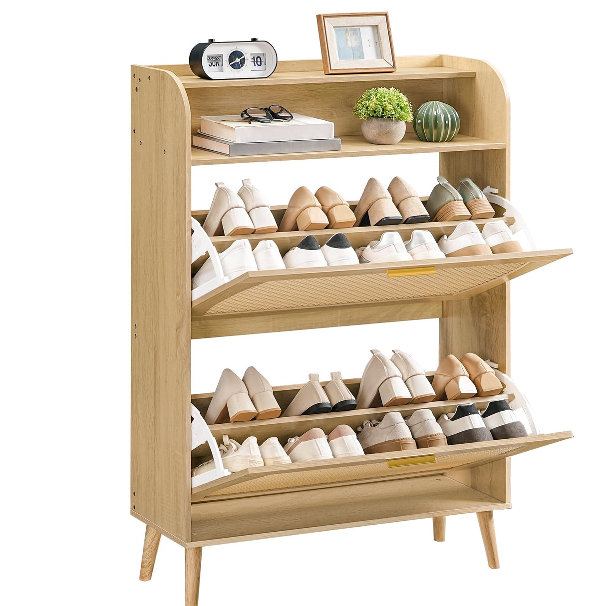 HOOBRO Rattan Shoe Storage Cabinet, Shoe Cabinet Storage for Entryway, Shoe Organizer with 2 Flip Drawers, Narrow Shoe Cabinet with Adjustable Shelves for Hallway, Living Room, Natural NN80SC01 HOOBRO