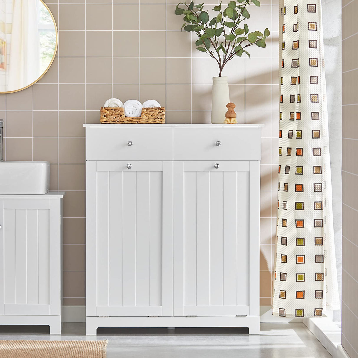 Haotian Bathroom Laundry Cabinet with 2 Baskets and 2 Drawers, Tilt-Out Laundry Hamper, Bathroom Storage Cabinet with Drawer, White BZR33-W Haotian