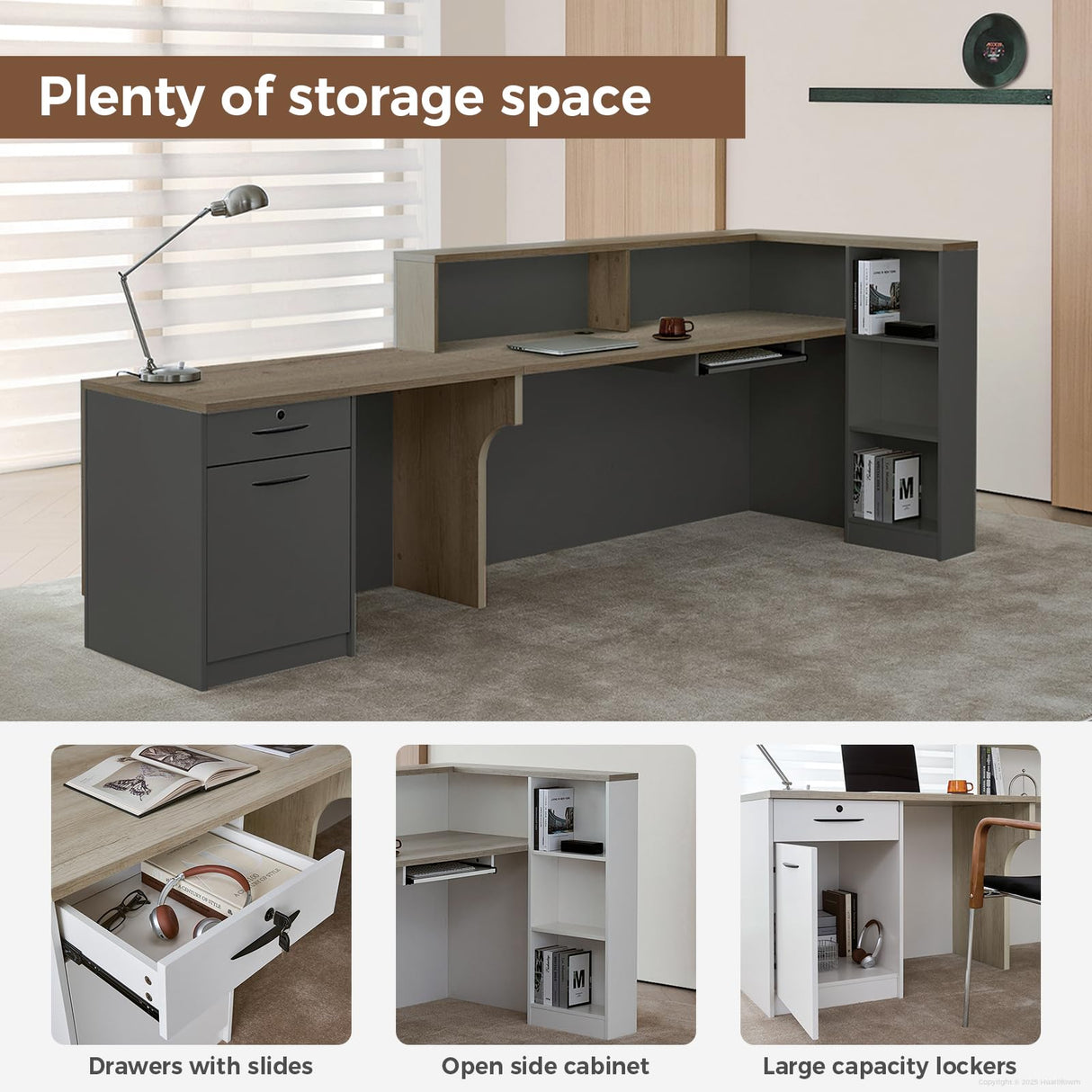Huariifowm Modern L Shape Reception Desk with Counter,Stylish Front Desk Reception Counter with Drawers, Open Shelves, and Keyboard Tray (Tobacco Wood+Iron Gray/Right, 79" L*24" W*41" H) Huariifowm