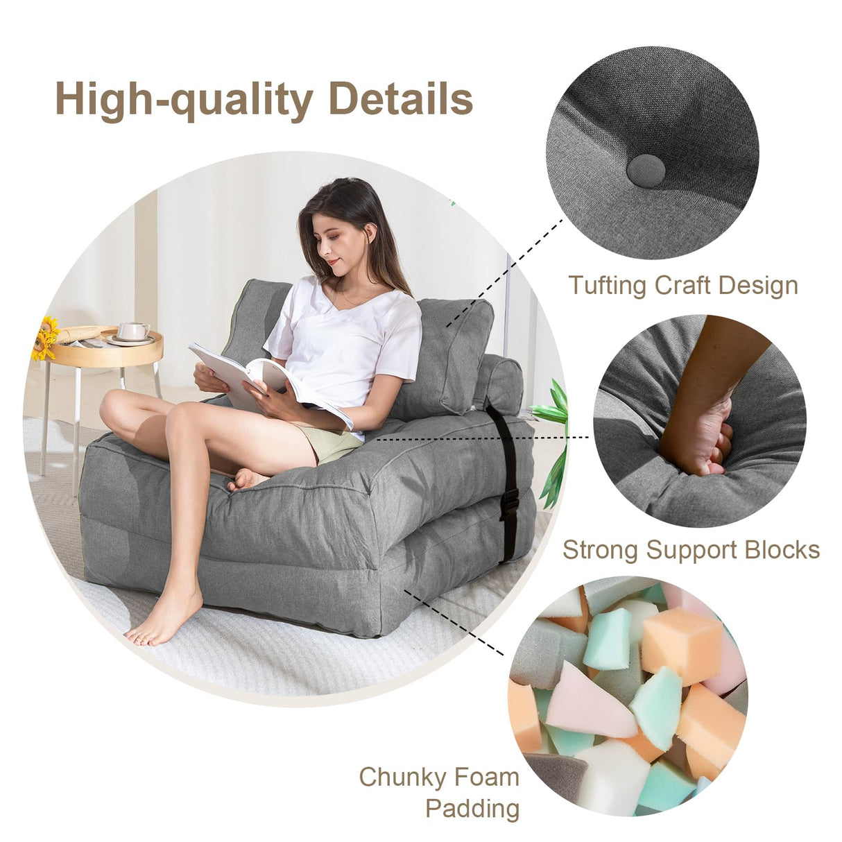 YOSHOOT Folding Couch Sofa Bed, Convertible Sleeper Chairs with Back Support, Foldable Couch Futon Mattress with Pillow, Portable Fold Out Chair Bed Floor Mattress Floor Couch for Living Room YOSHOOT