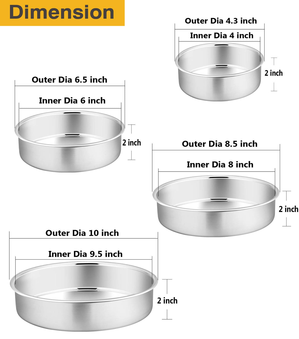 Cake Pan Set - 4”, 6”, 8”, 9.5”, P&P CHEF 4 Piece Round Baking Cake Pans Tin Stainless Steel, Oven/Pot/Dishwasher Safe, Heavy Duty & Non Toxic, Mirror Finish & Easy Clean P&P CHEF