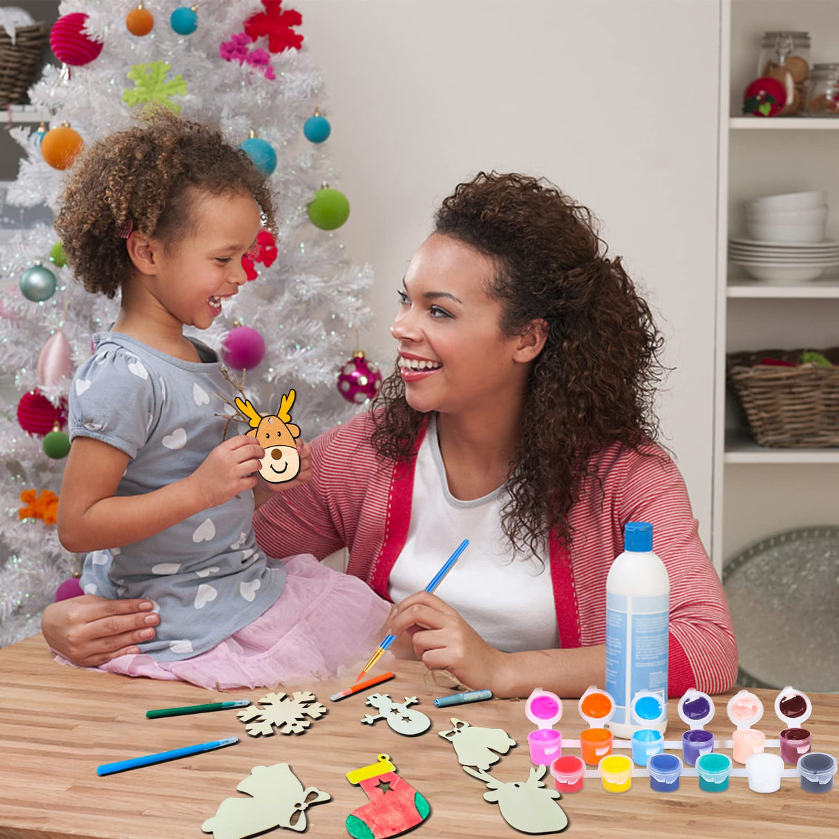 104PCS Wooden Christmas Ornaments Craft Kits Include 40PCS Unfinished Wood Slices with 8 Styles,Xmas Tree Hanging Decorations DIY Craft for Kids to Paint VESPRO