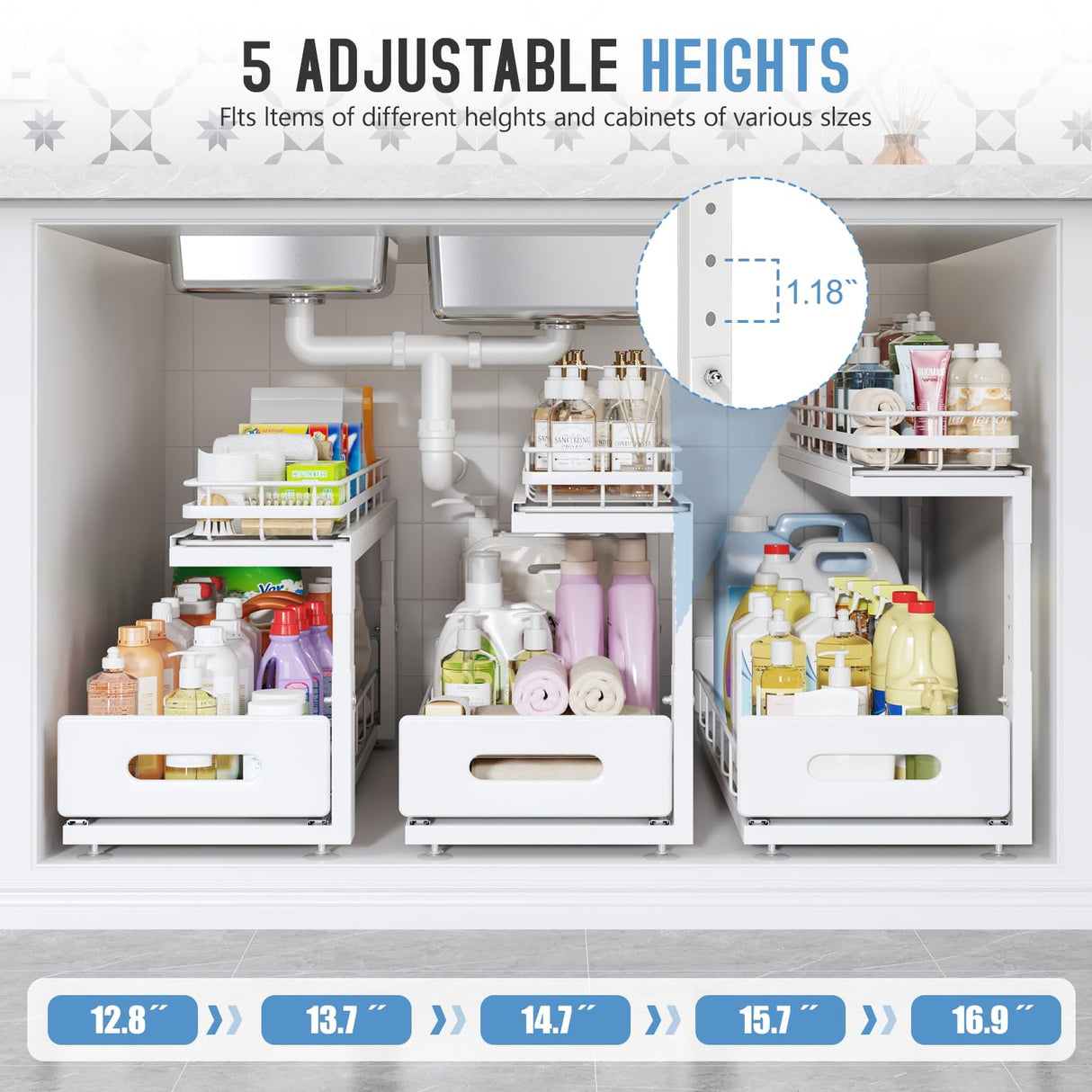 Biboraya 2 Pack Under Sink Organizer with Smooth Ball Bearing Slides,2-Tier Pull Out Cabinet Storage,Slide Out Drawers for Bathroom&Kitchen,Under Sink Shelf,Rust-resistant Coating,Height Adjustable Biboraya