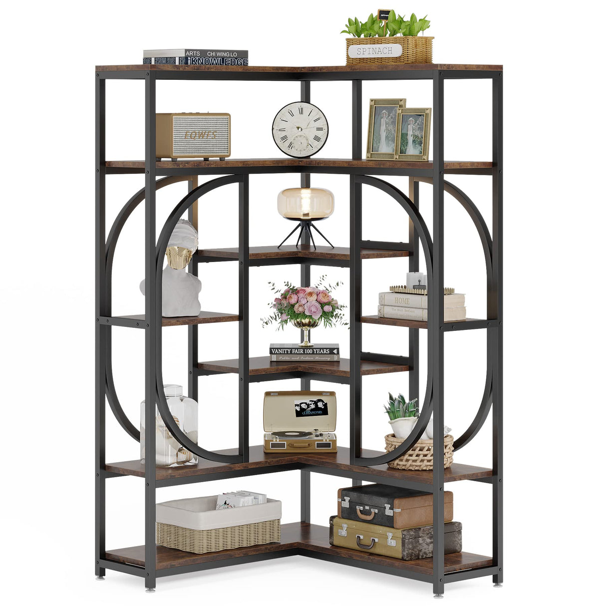 Tribesigns 7-Shelf Corner Bookshelf, Large Modern Corner Bookcase, Tall L-Shaped Corner Shelf Stand Display Rack with Storage, Metal Frame for Living Room Home Office (Rustic Brown) Tribesigns