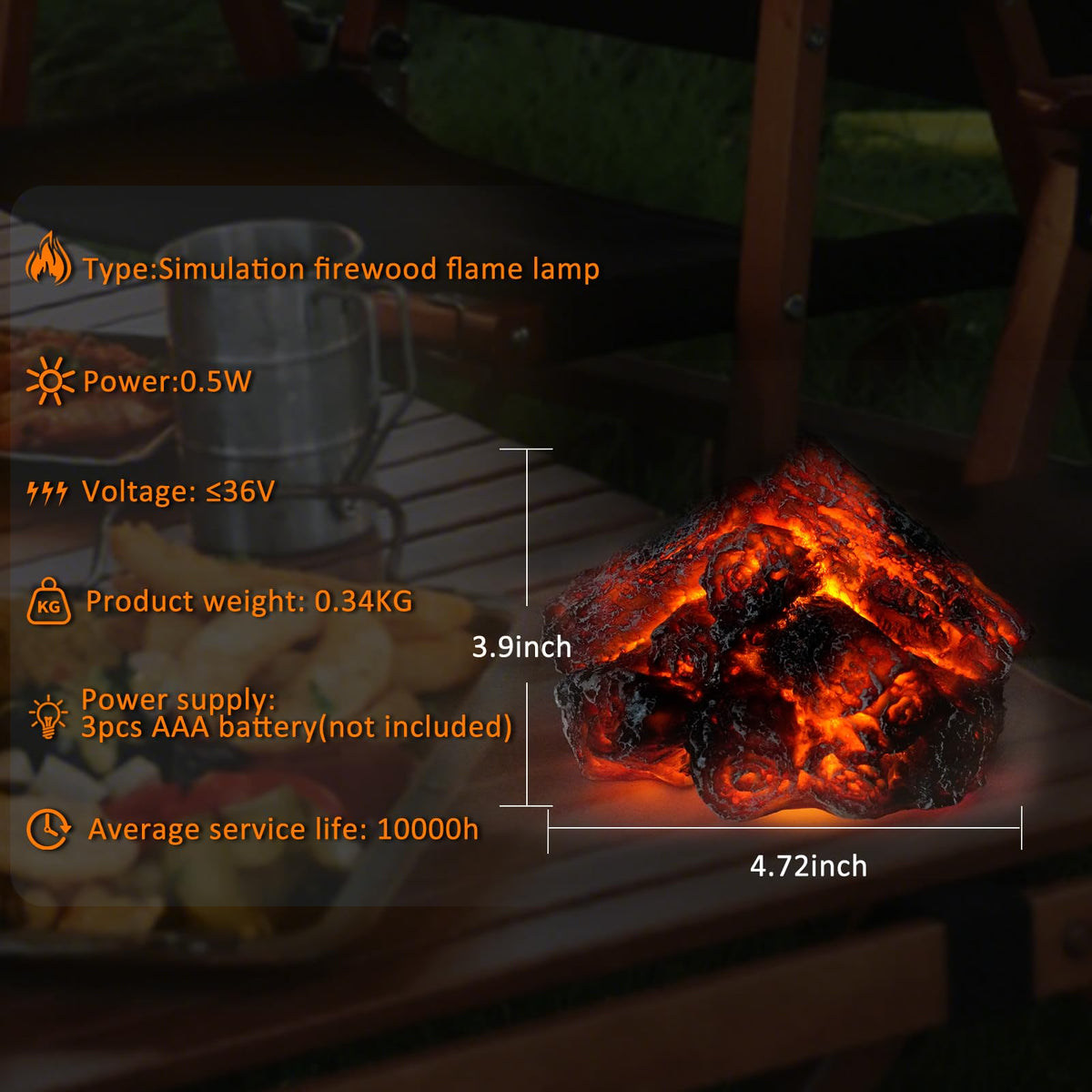 Bestview LED Simulation Charcoal Flame Lamp Fake Campfire Night Light, 3D Fake Fireplace Fire Pit Firewood Lamp with Realistic Log Flameless Candle Battery Operated, Halloween Christmas Decorations Bestview