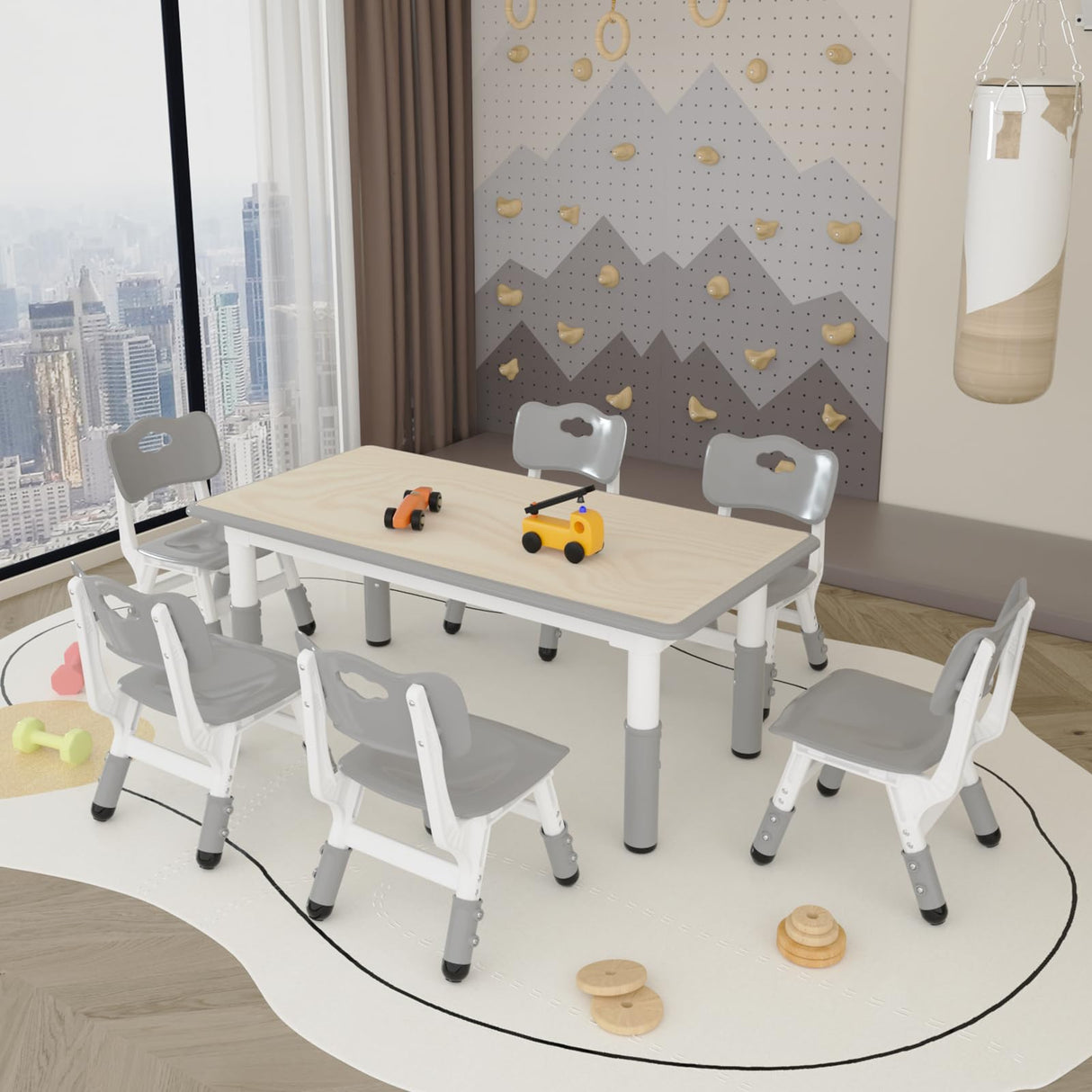 LulliSpace Kids Study Table and 6 Chairs Set,Height Adjustable Table and Chairs for Children and Toddlers,47.2"X23.6"Graffiti Desktop,Suitable for Daycare,Classrooms, Home LulliSpace