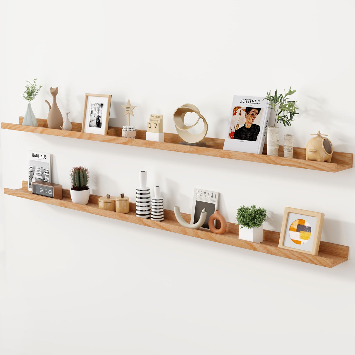 Axeman Oak Floating Shelves 71 Inch Picture Ledge Shelf Set of 2, Solid Wood Shelves with Lip for Wall Decor Storage Bedroom Living Room Bathroom Kitchen, Natural Oak Axeman