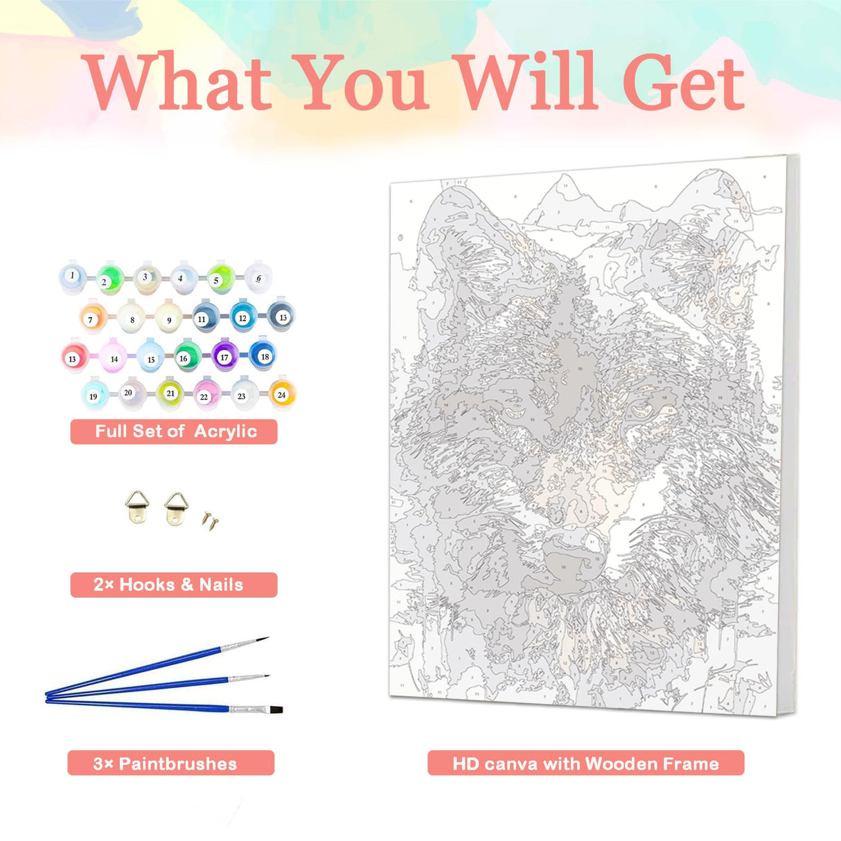 Auremi Wolf Framed Paint by Number for Adults,DIY Animal Painting by Number Kits on Canvas Acrylic Oil Painting Kits for Adults Paint by Number Kits for Home Wall Decor 20x30cm Auremi