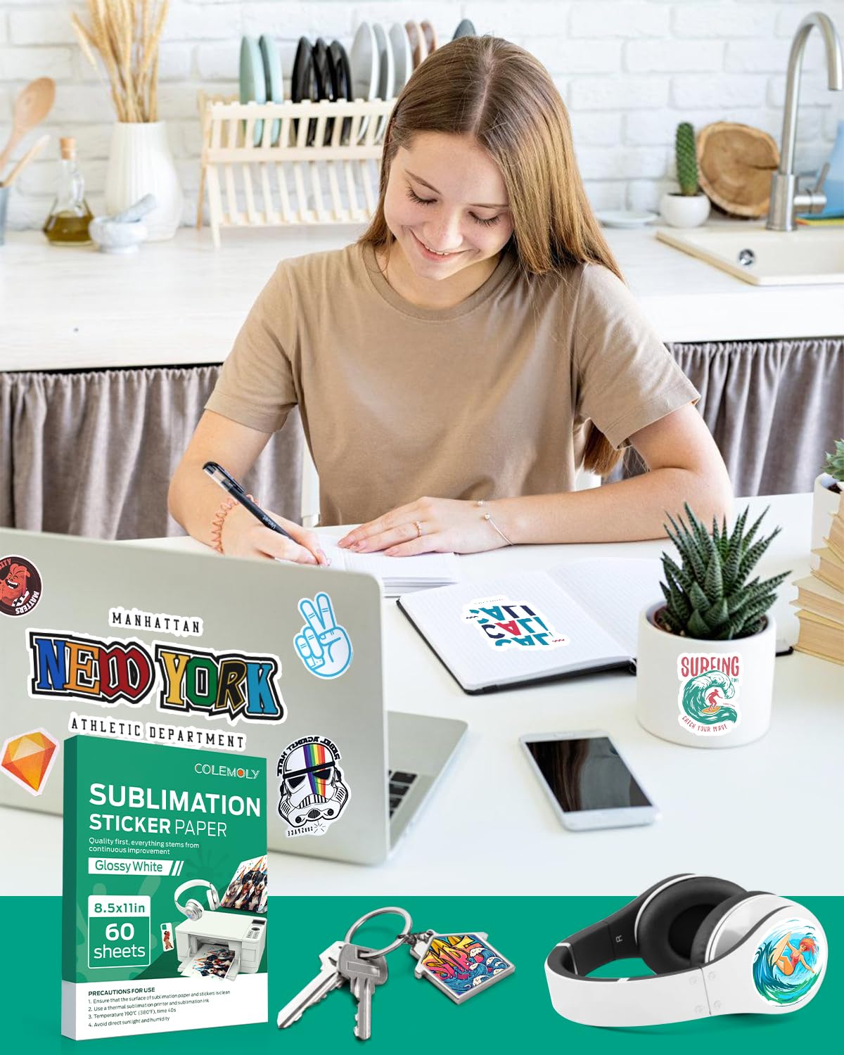 Colemoly Sublimation Sticker Paper-30 Sheets Glossy White Waterproof Stickers for Sublimation Inkjet Printer and Ink 8.5x11 Letter Heat Transfer Paper for Smooth Solid Surfaces Colemoly